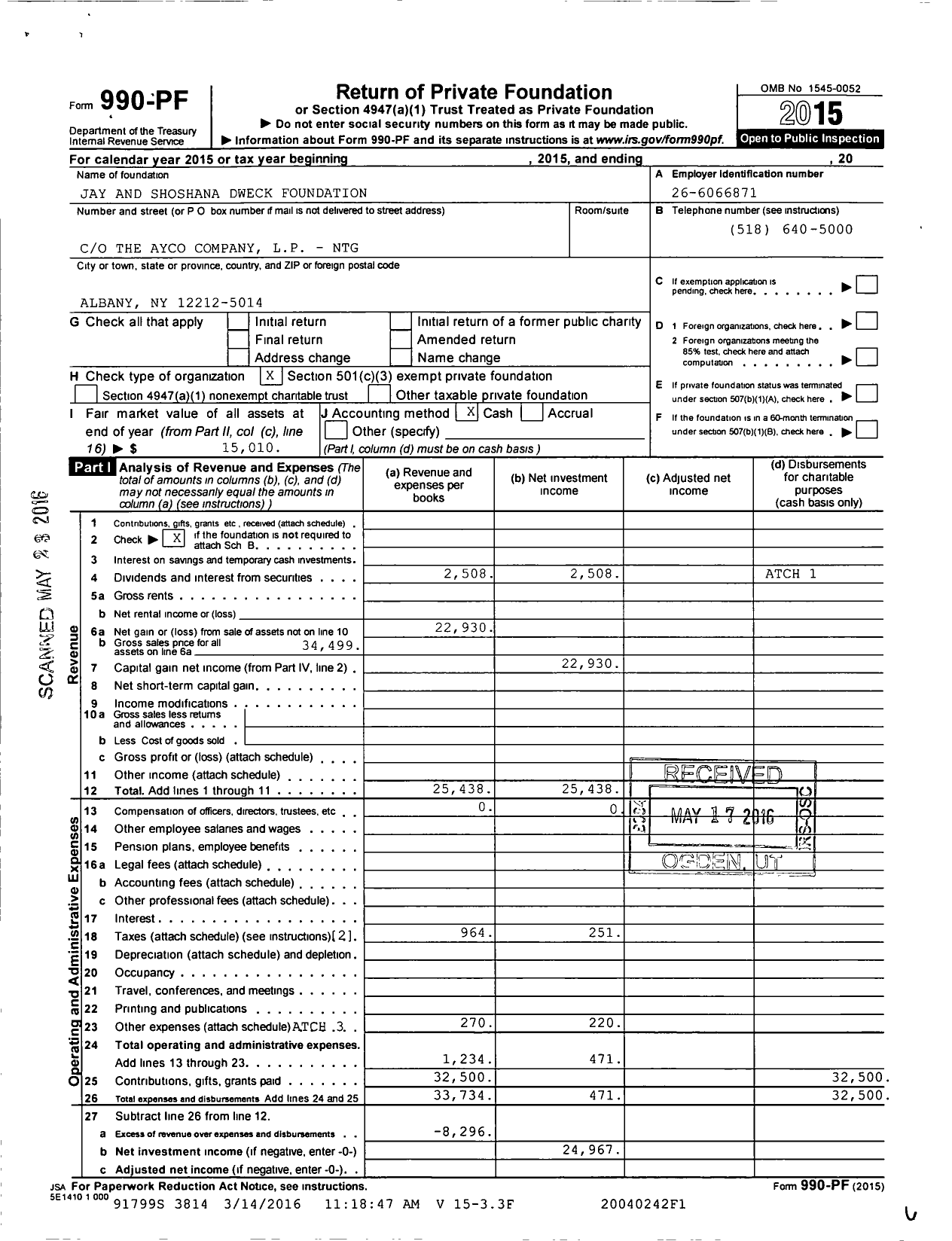 Image of first page of 2015 Form 990PF for Jay and Shoshana Dweck Foundation