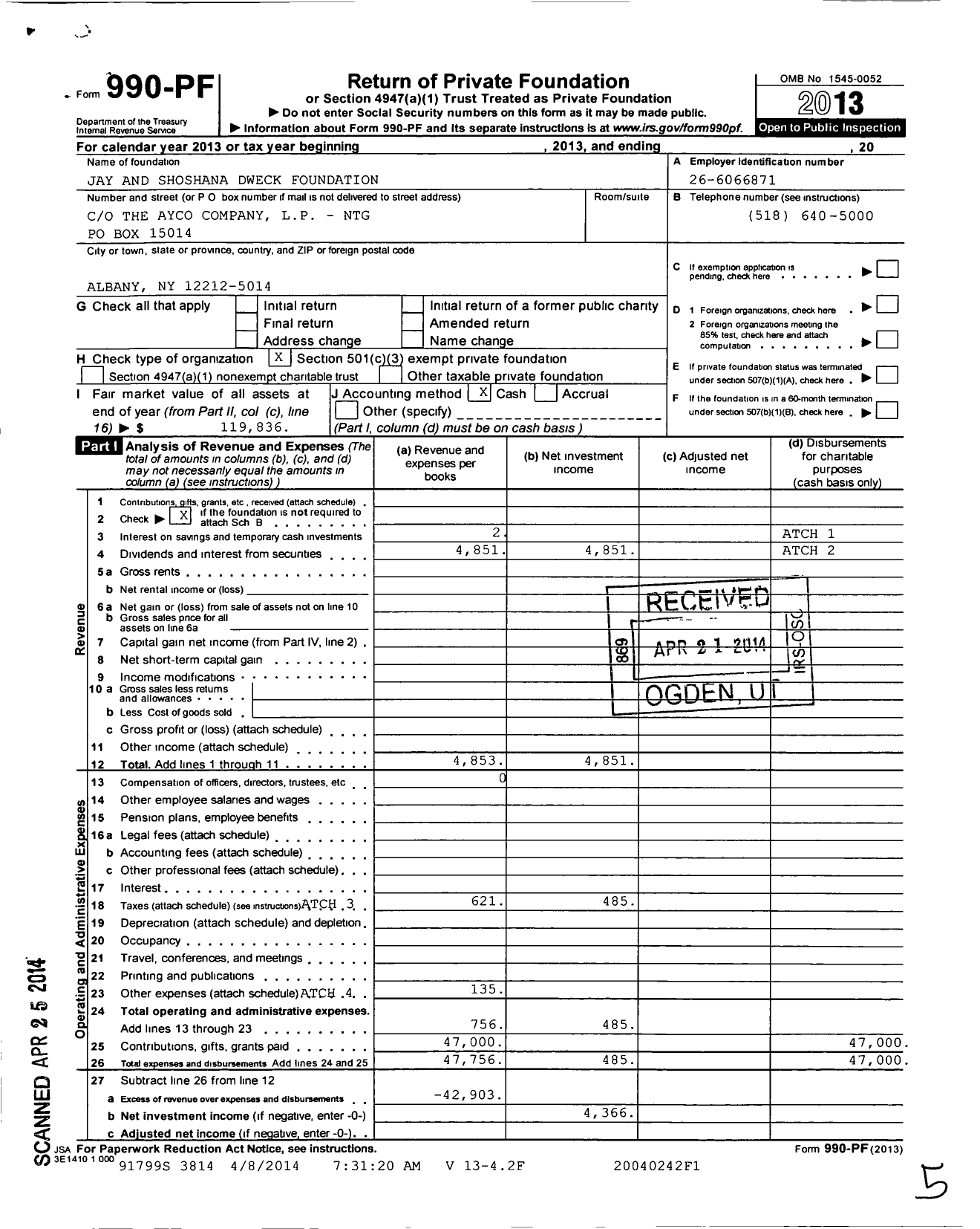 Image of first page of 2013 Form 990PF for Jay and Shoshana Dweck Foundation