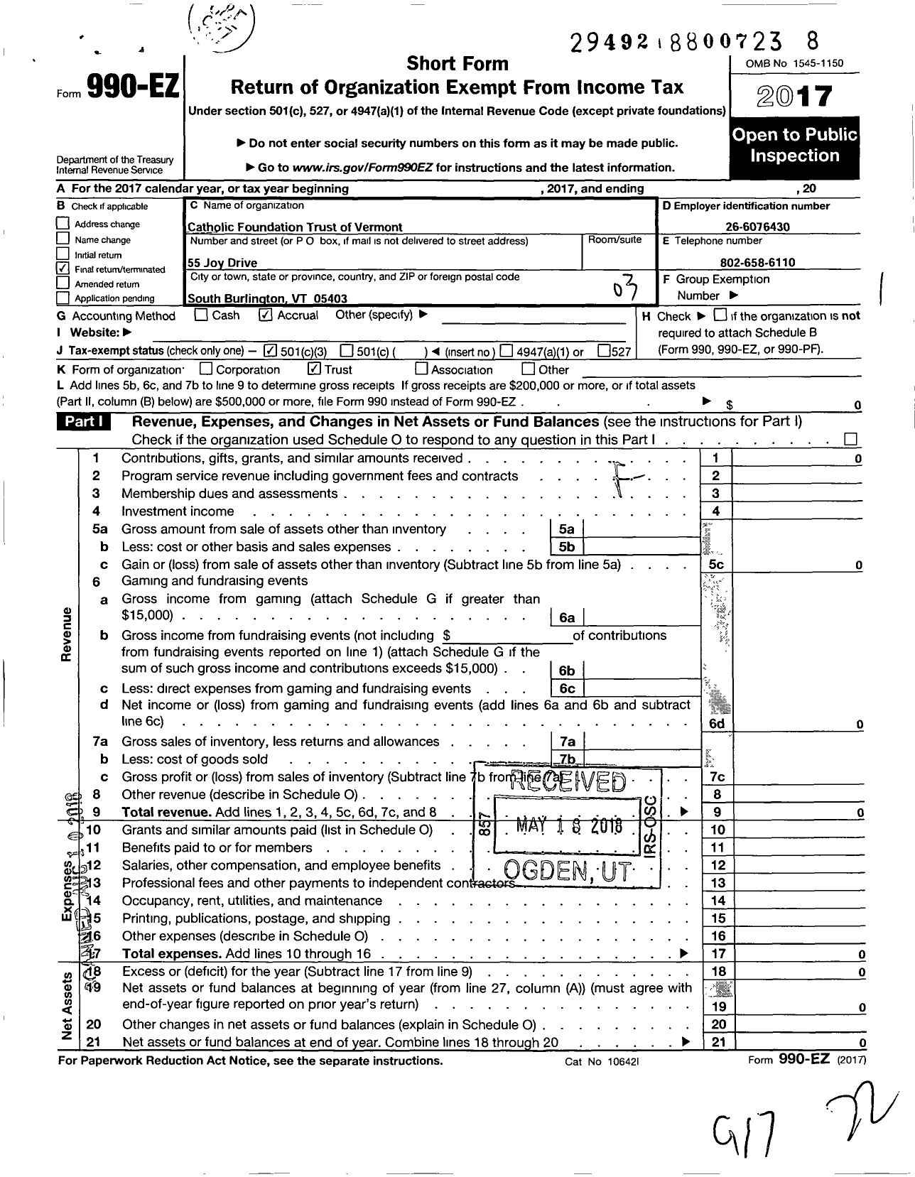 Image of first page of 2017 Form 990EZ for Catholic Foundation Trust of Vermont