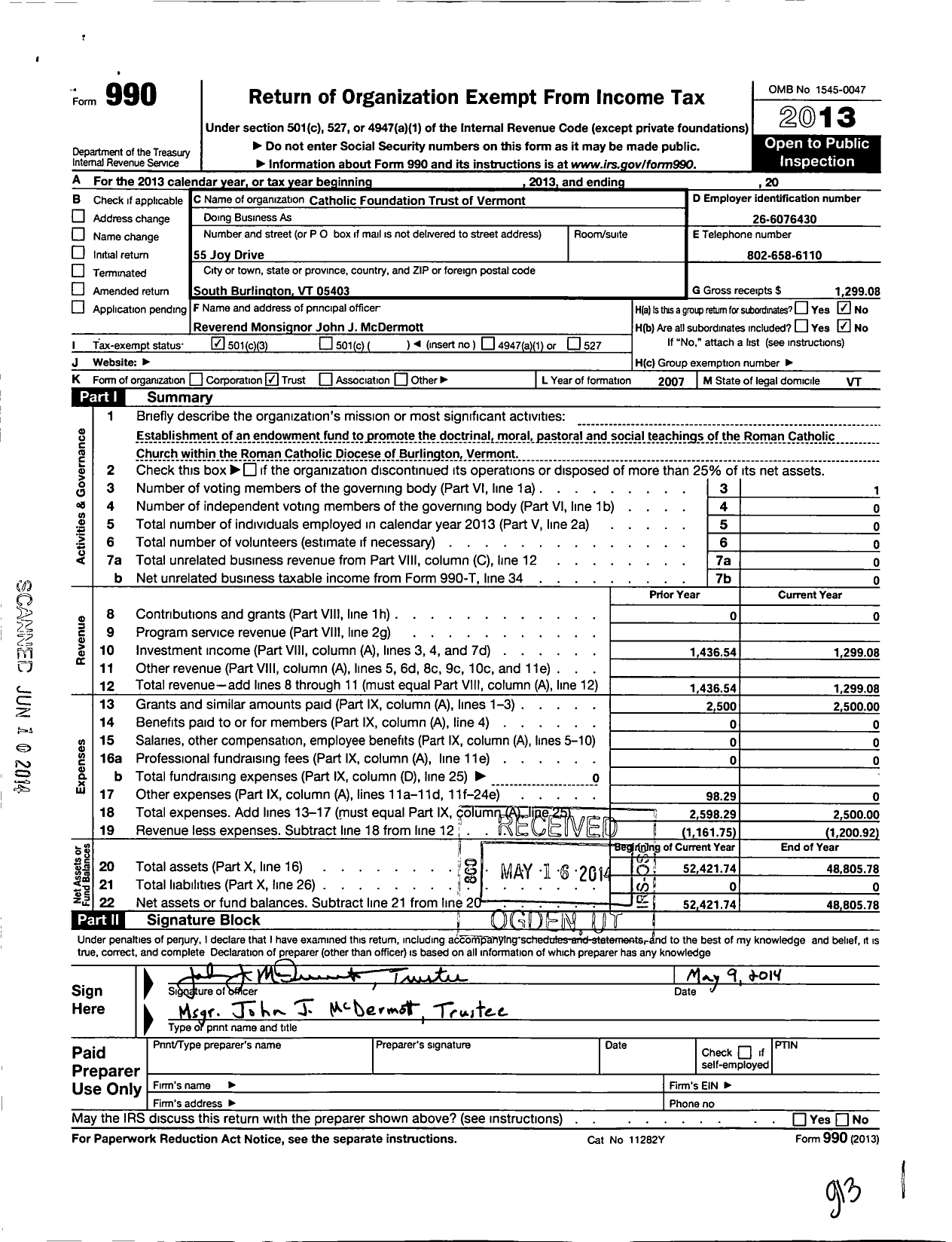 Image of first page of 2013 Form 990 for Catholic Foundation Trust of Vermont