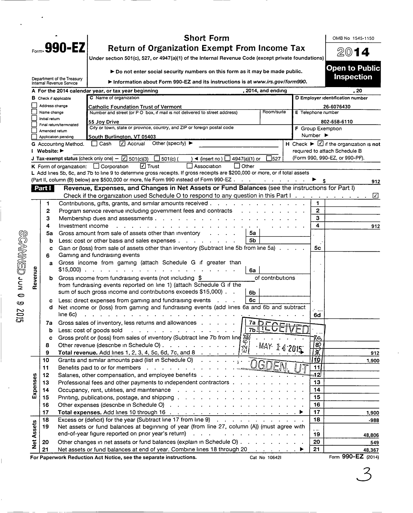 Image of first page of 2014 Form 990EZ for Catholic Foundation Trust of Vermont