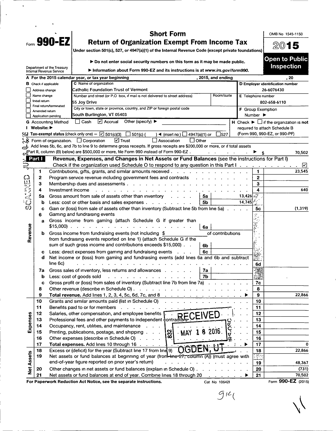 Image of first page of 2015 Form 990EZ for Catholic Foundation Trust of Vermont