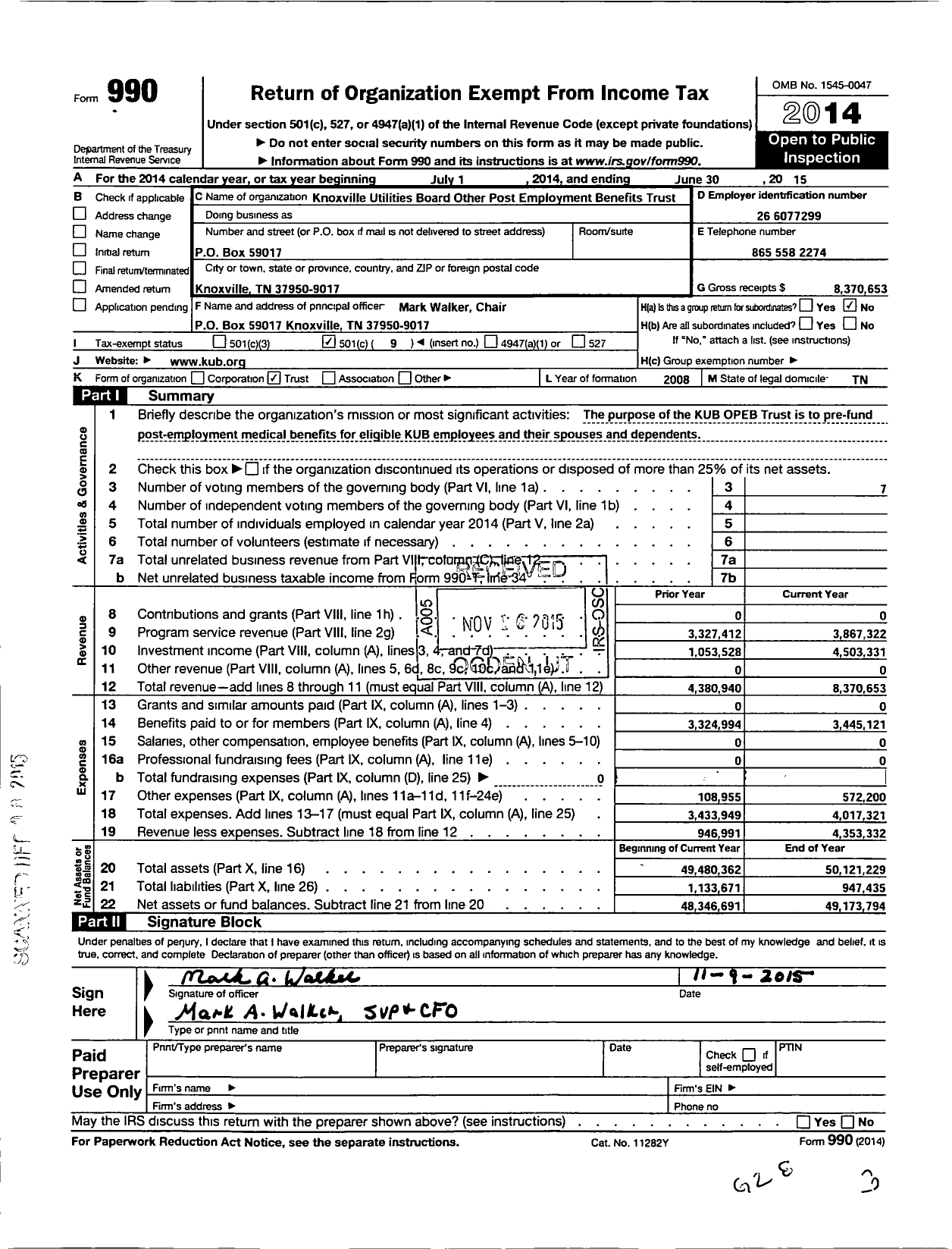 Image of first page of 2014 Form 990O for Knoxville Utilities Board Other Post Employement Benefits Trust