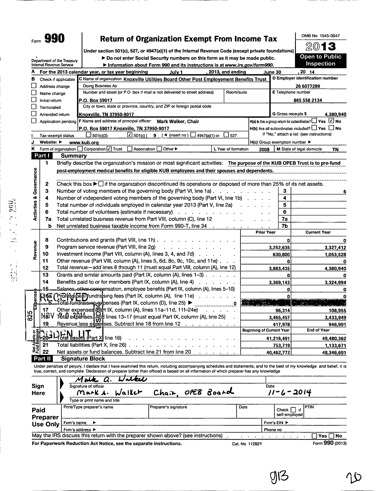 Image of first page of 2013 Form 990O for Knoxville Utilities Board Other Post Employement Benefits Trust