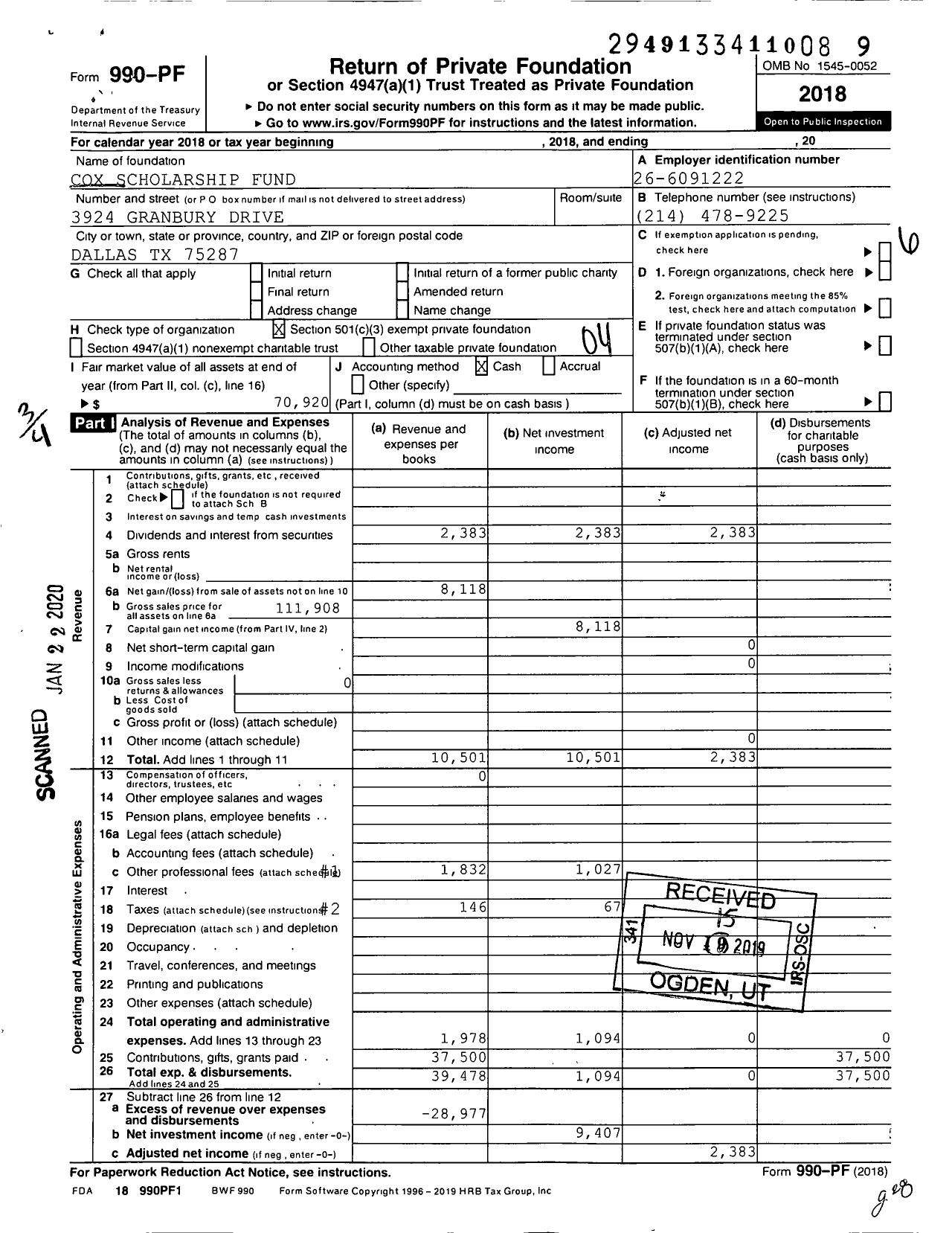 Image of first page of 2018 Form 990PF for Cox Scholarship Fund