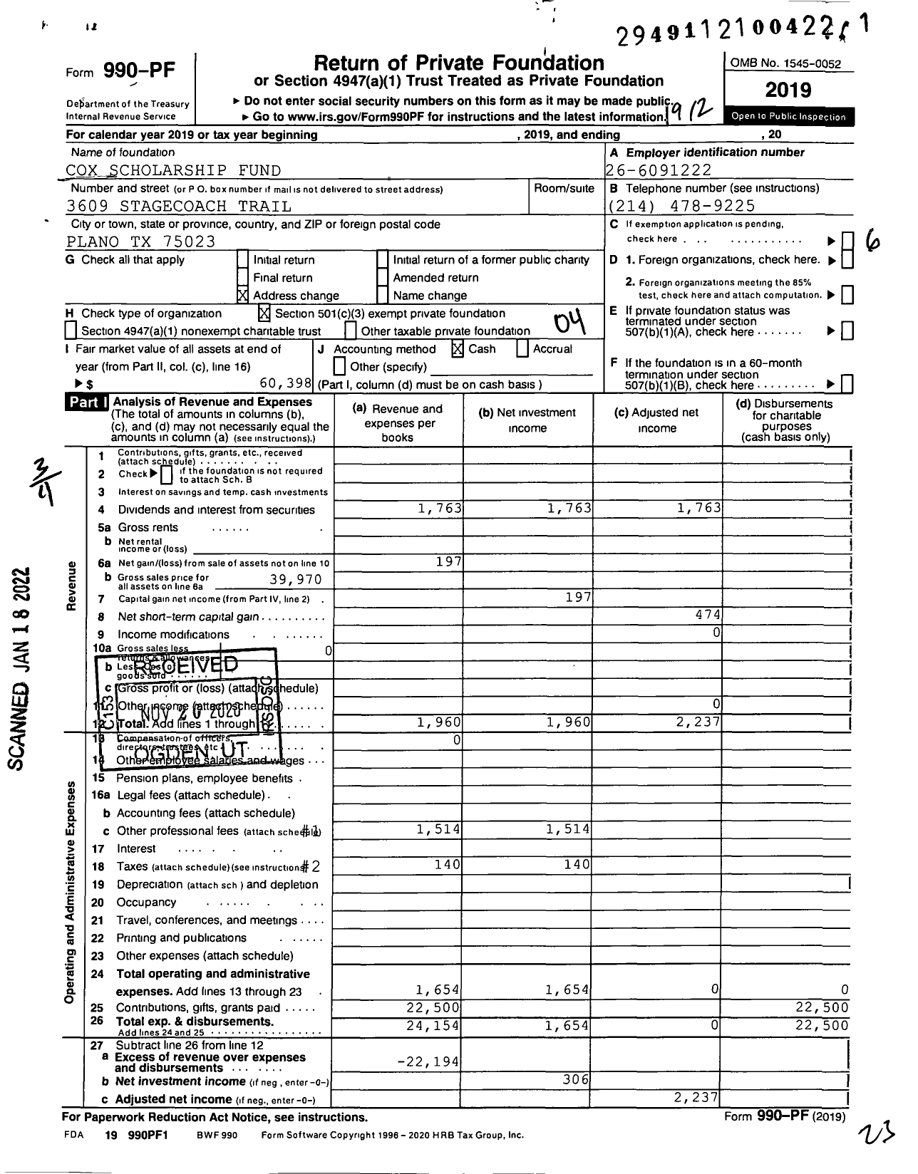 Image of first page of 2019 Form 990PF for Cox Scholarship Fund