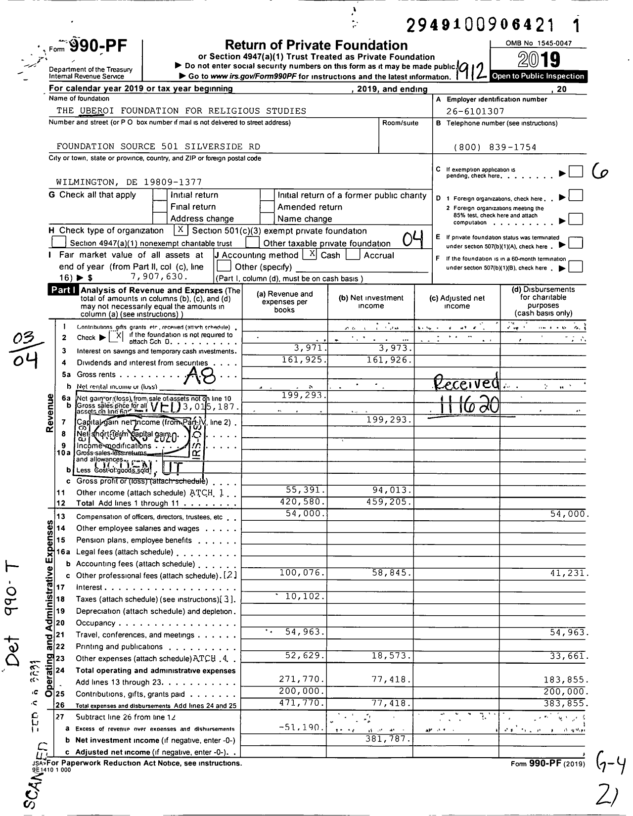 Image of first page of 2019 Form 990PF for The Uberoi Foundation for Religious Studies