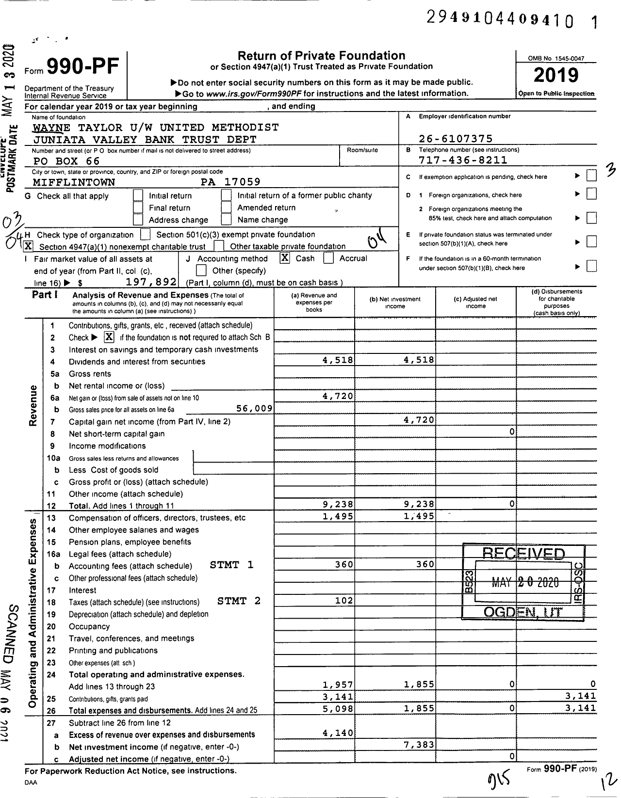 Image of first page of 2019 Form 990PF for Wayne Taylor Uw United Methodist Juniata Valley Bank Trust Dept