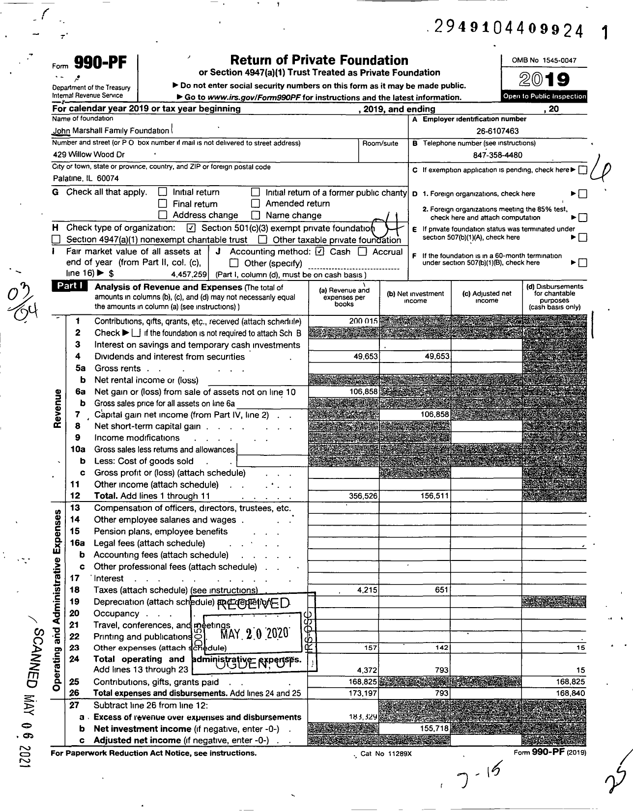 Image of first page of 2019 Form 990PF for John Marshall Family Foundation