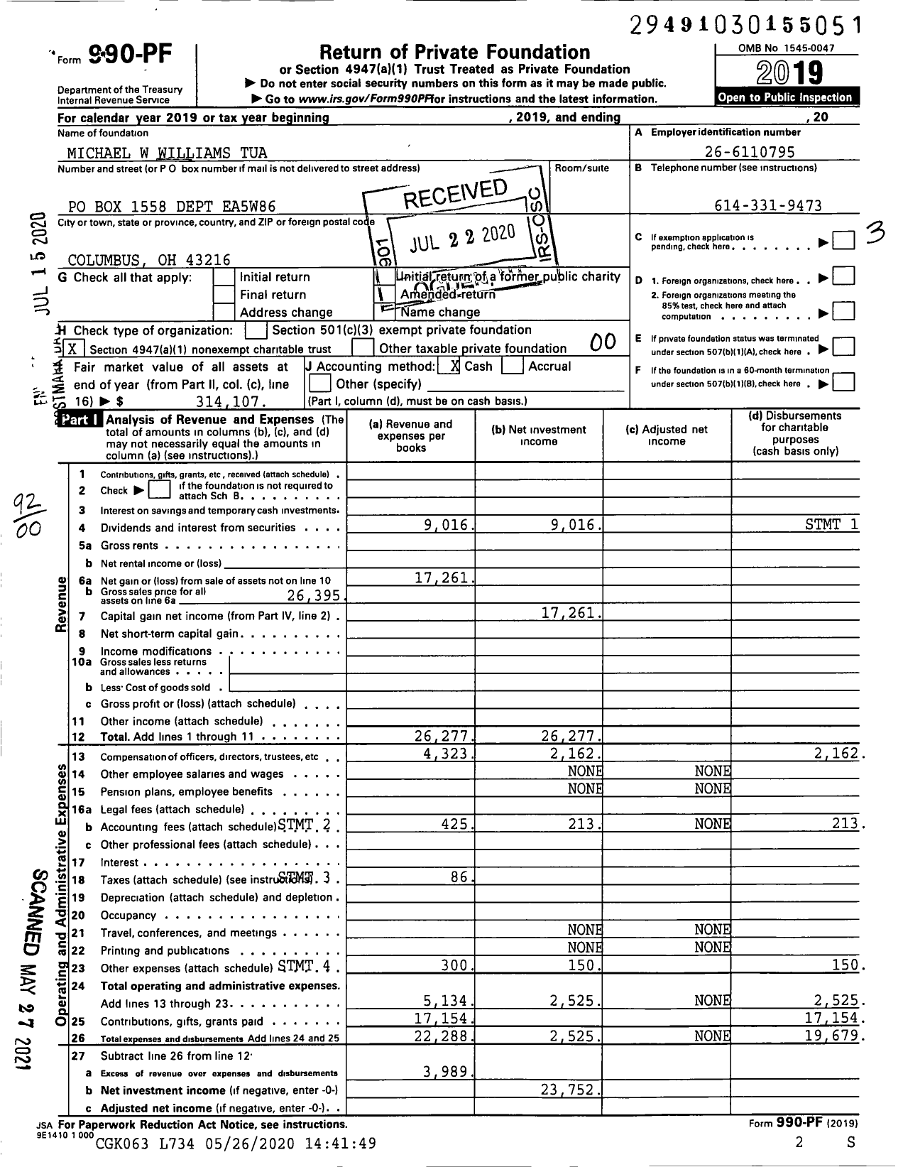 Image of first page of 2019 Form 990PF for Michael W Williams Tua