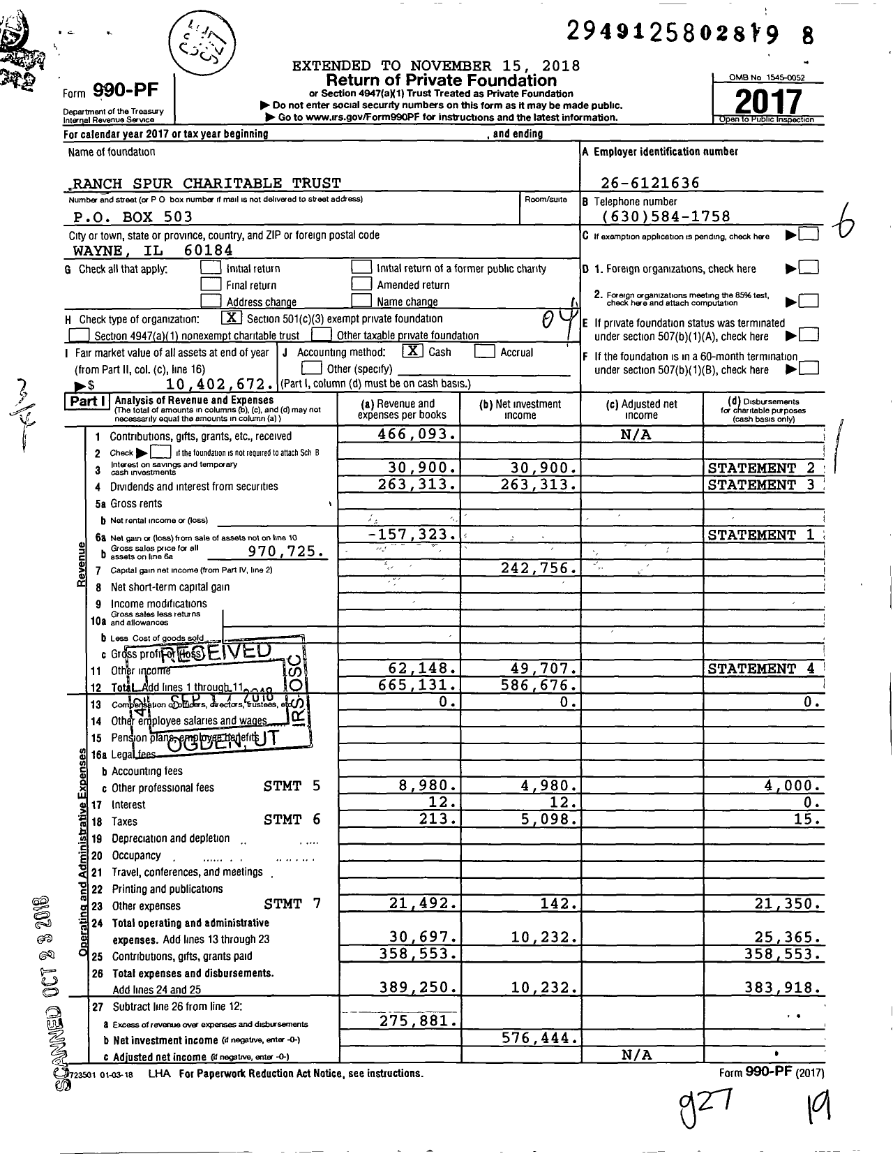 Image of first page of 2017 Form 990PF for Ranch Spur Charitable Trust