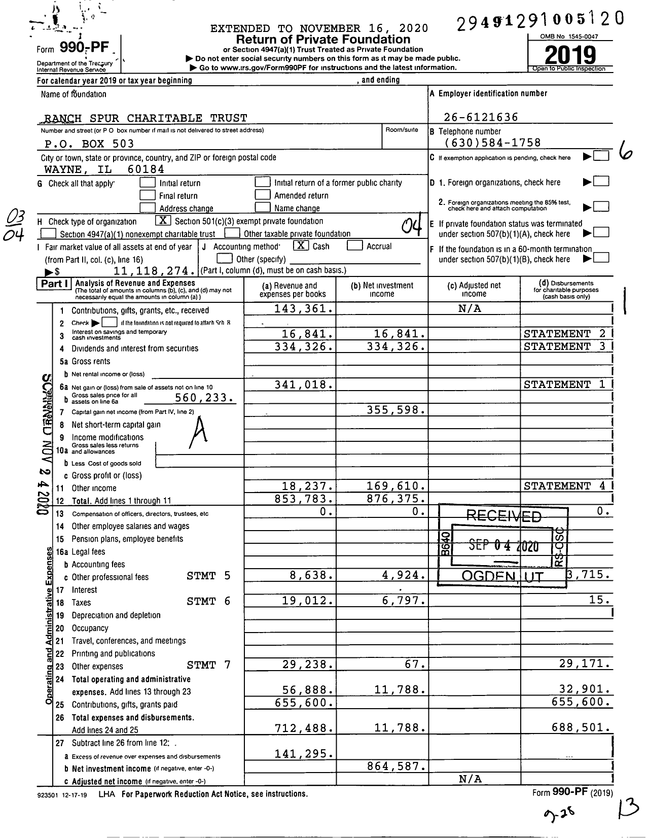 Image of first page of 2019 Form 990PF for Ranch Spur Charitable Trust