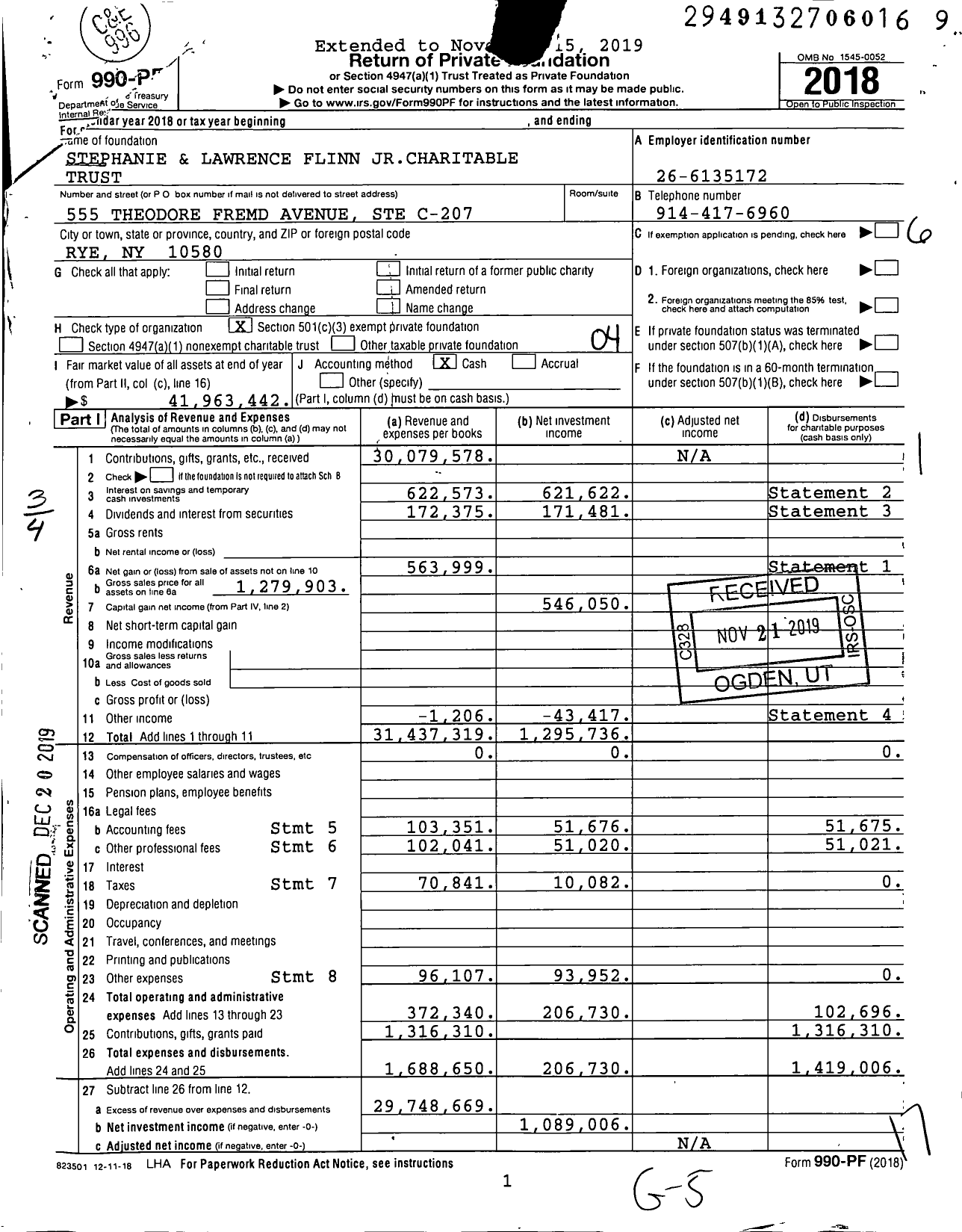 Image of first page of 2018 Form 990PF for Stephanie and Lawrence Flinn Jrcharitable Trust