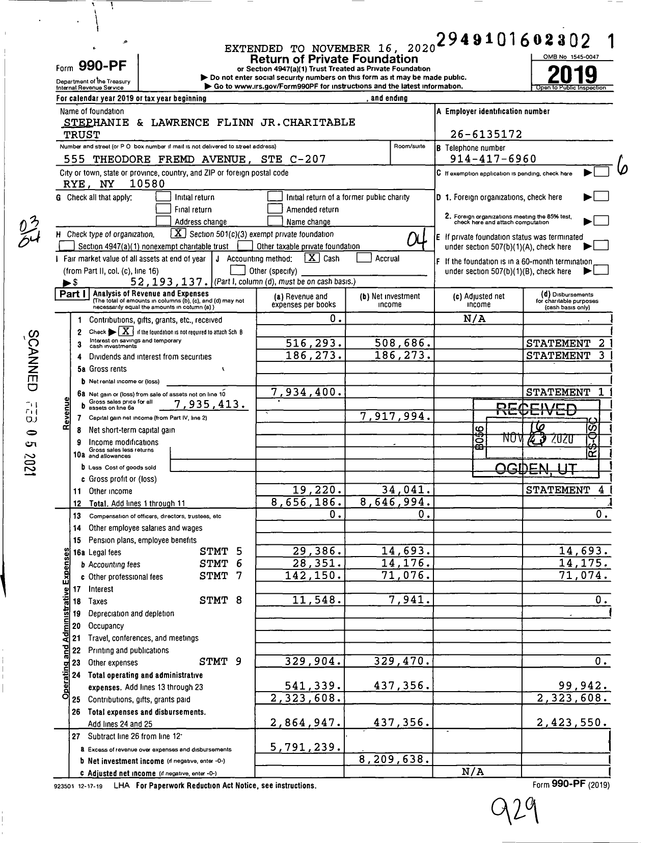 Image of first page of 2019 Form 990PF for Stephanie and Lawrence Flinn Jrcharitable Trust