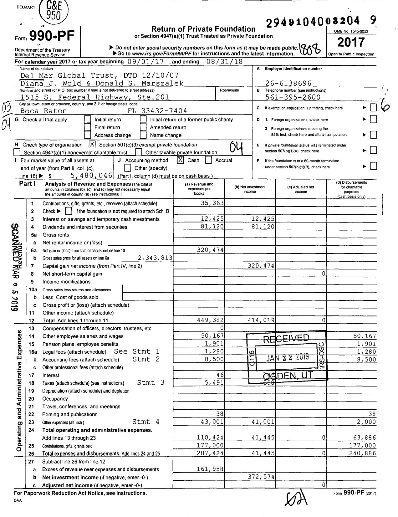 Image of first page of 2017 Form 990PF for Del Mar Global Trust DTD 121007 Diana J Wold & Donald S Marszalek