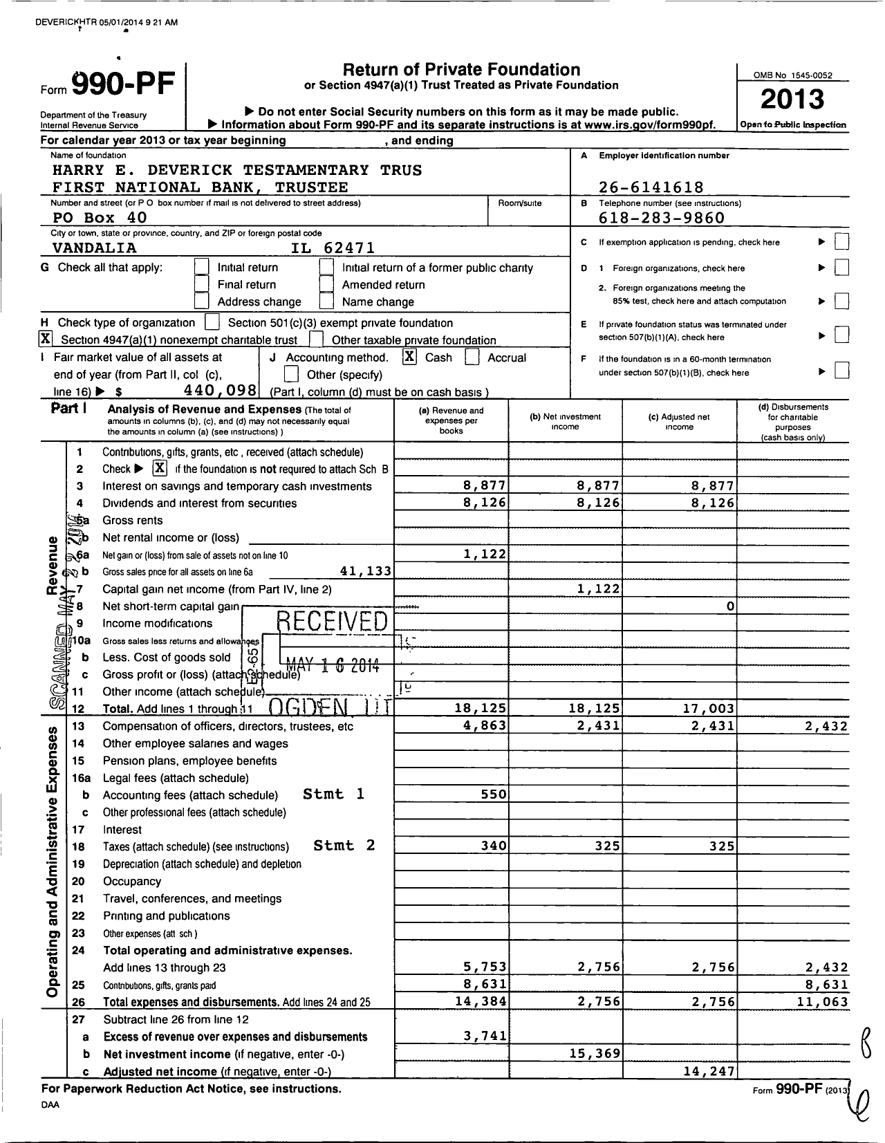 Image of first page of 2013 Form 990PF for Harry E Deverick Testamentary Trus First National Bank Trustee