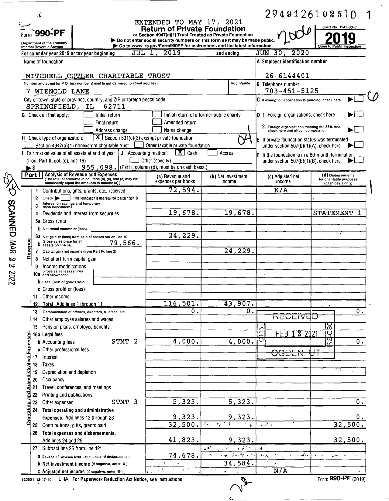 Image of first page of 2019 Form 990PF for Mitchell Cutler Charitable Trust