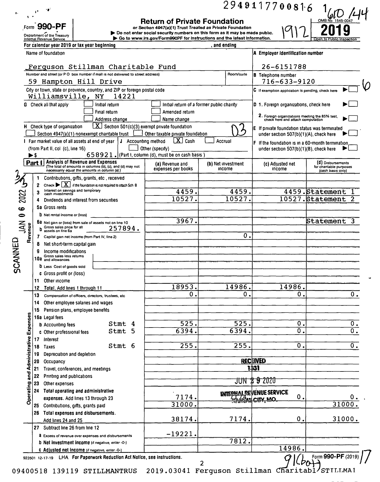 Image of first page of 2019 Form 990PF for Ferguson Stillman Charitable Fund