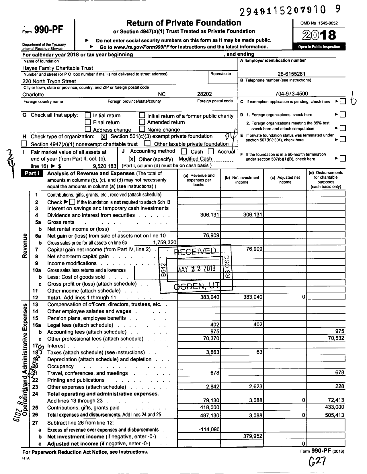 Image of first page of 2018 Form 990PF for The Hayes Family Charitable Trust