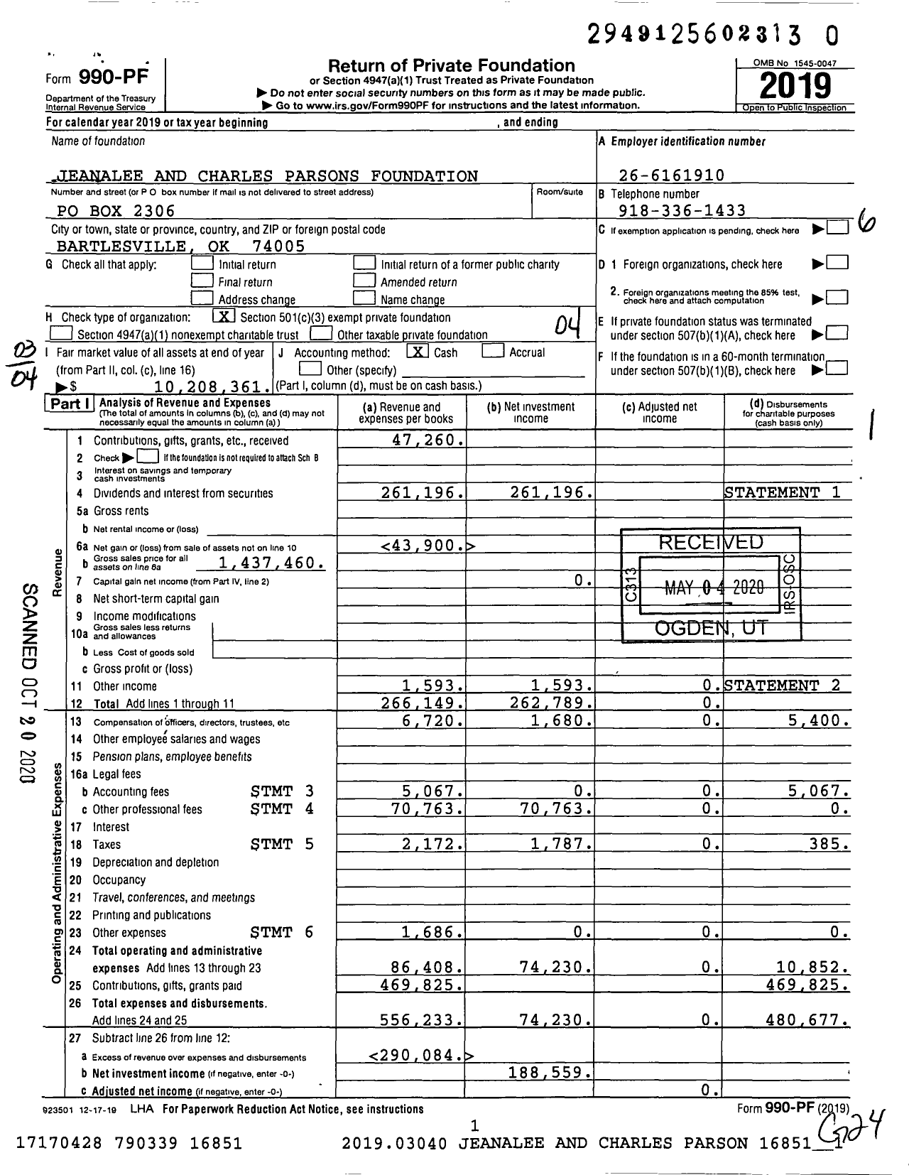 Image of first page of 2019 Form 990PR for Jeanalee and Charles Parsons Foundation