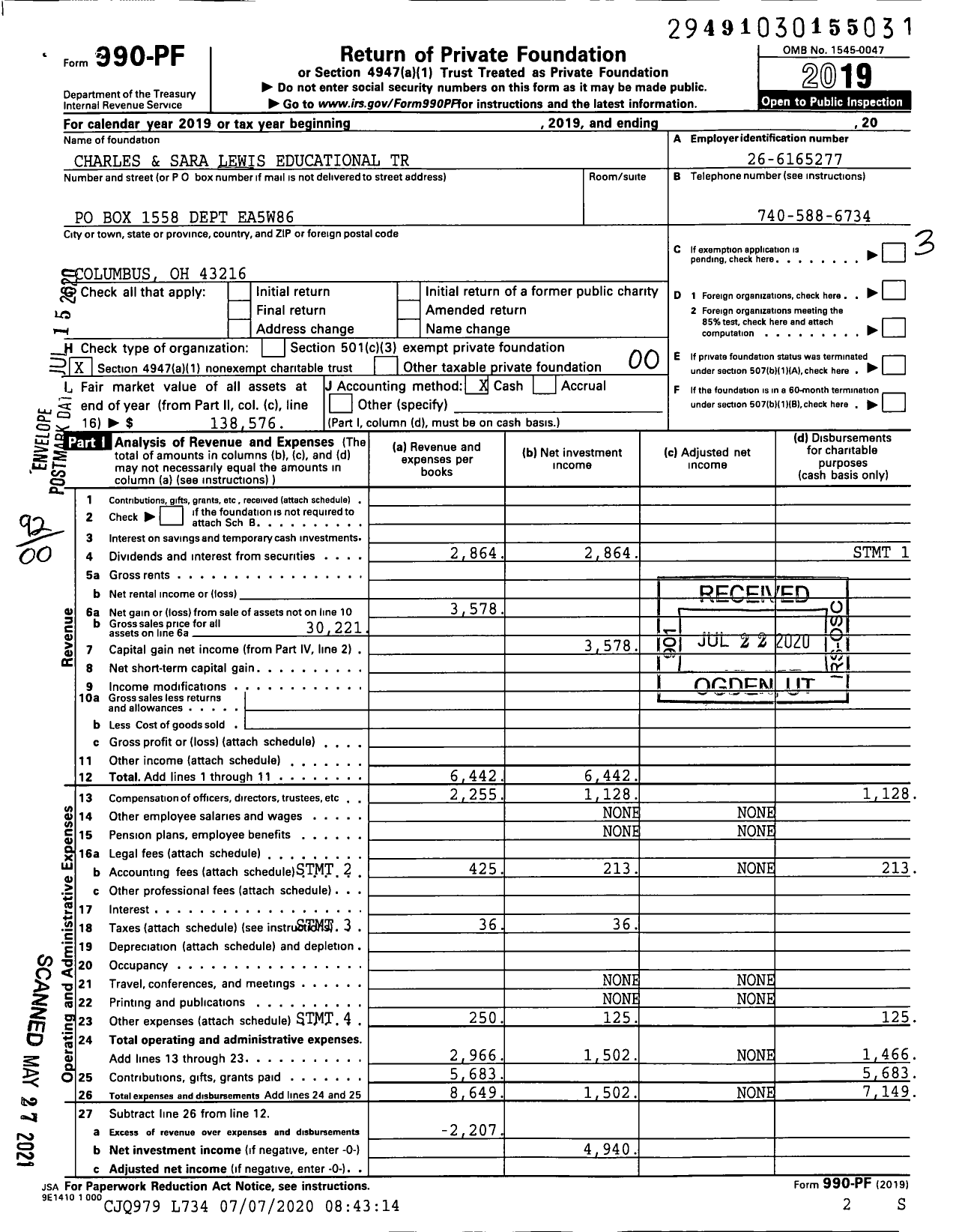 Image of first page of 2019 Form 990PF for Charles and Sara Lewis Educational Trust