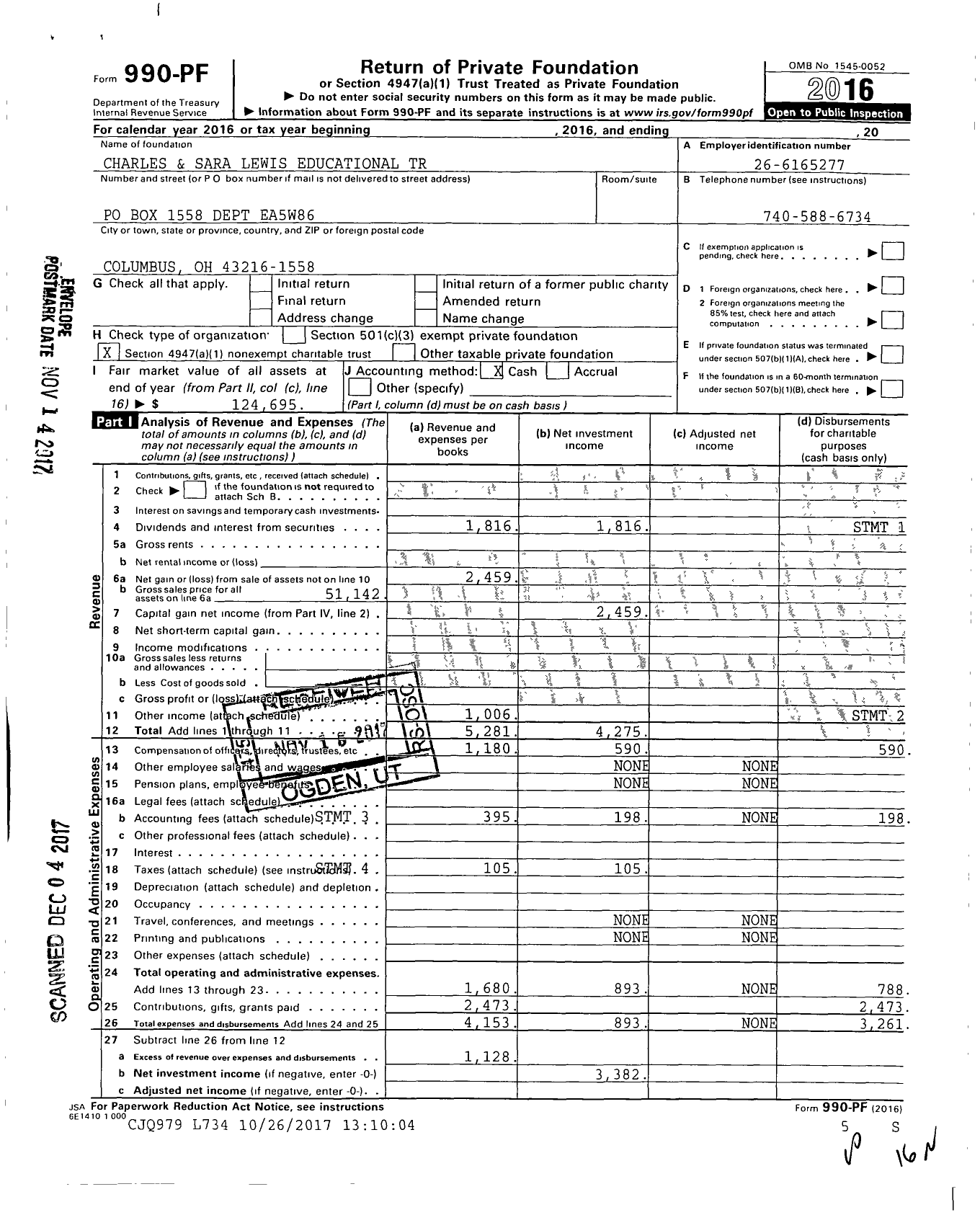 Image of first page of 2016 Form 990PF for Charles and Sara Lewis Educational Trust