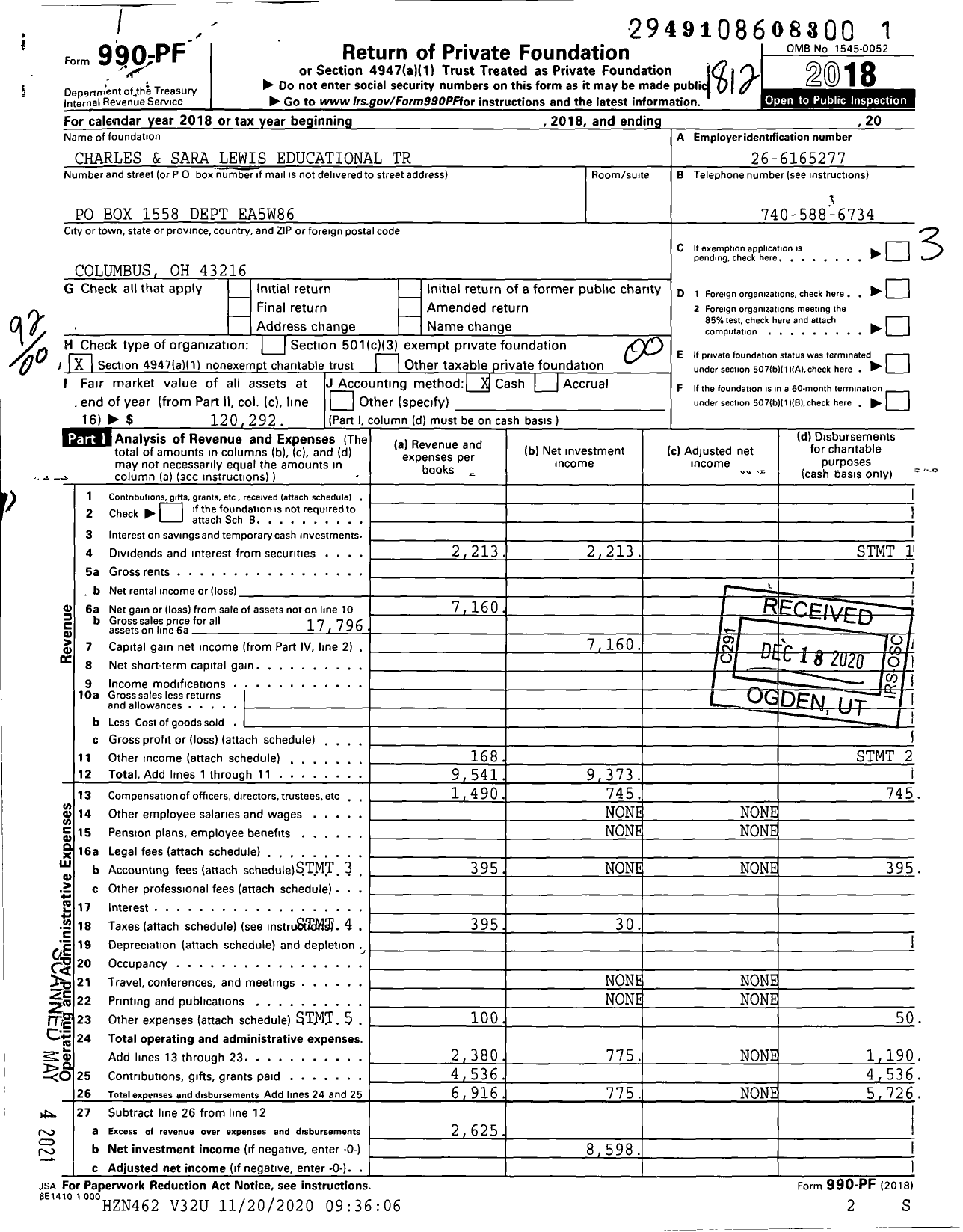 Image of first page of 2018 Form 990PF for Charles and Sara Lewis Educational Trust