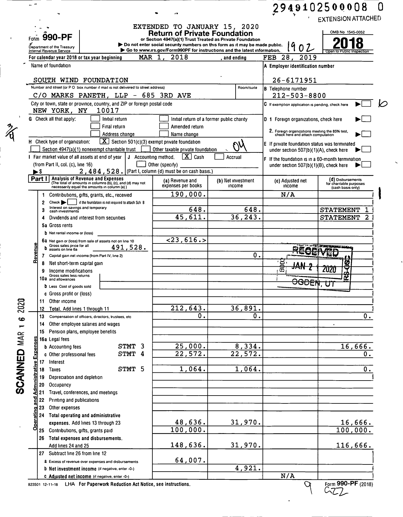 Image of first page of 2018 Form 990PR for South Wind Foundation