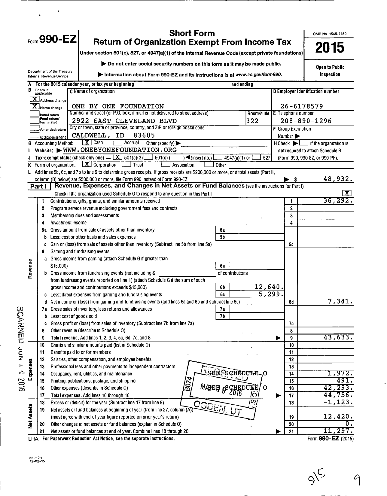 Image of first page of 2015 Form 990EZ for One By One Foundation / Randy H Hopkins Ttee
