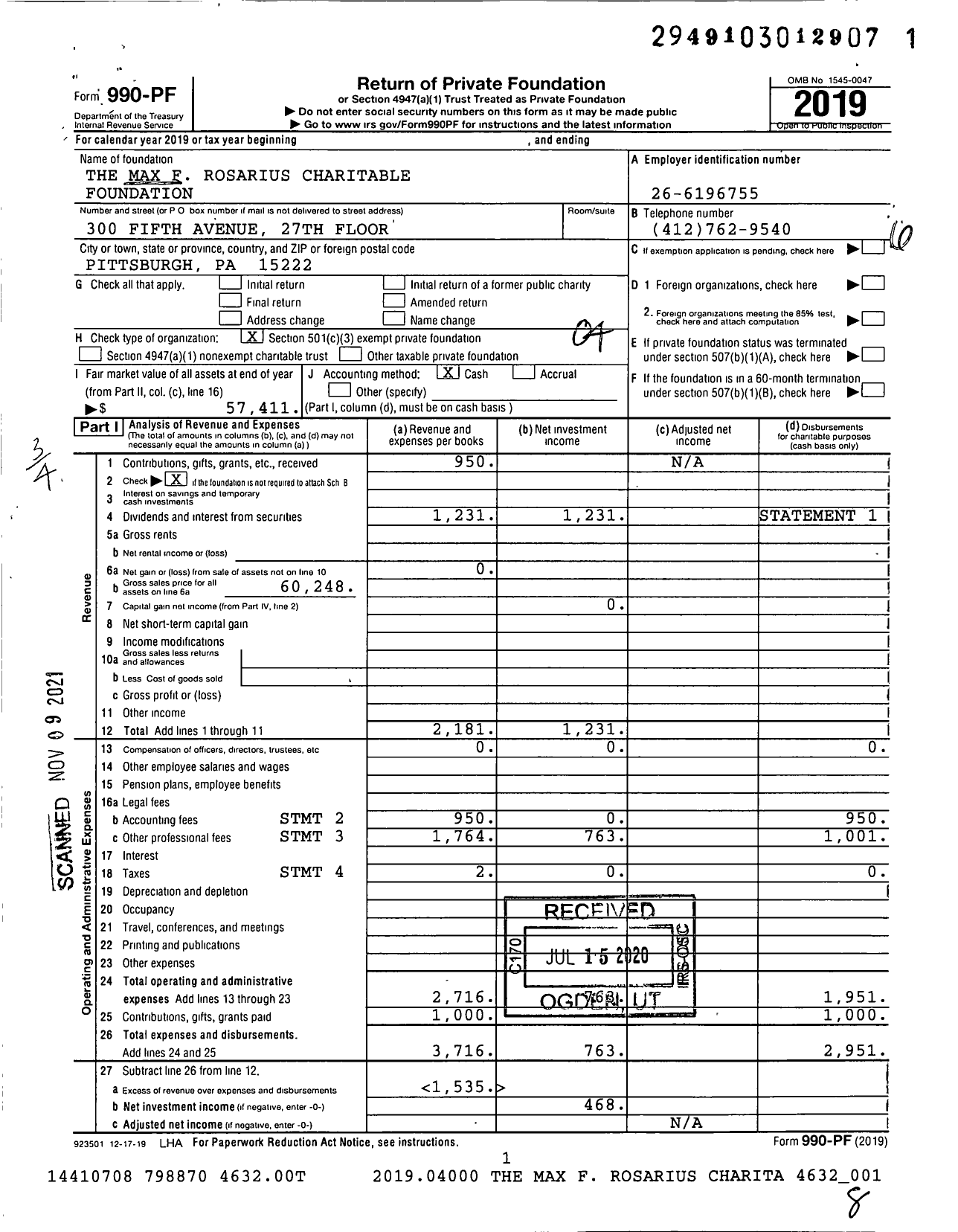 Image of first page of 2019 Form 990PF for The Max F Rosarius Charitable Foundation