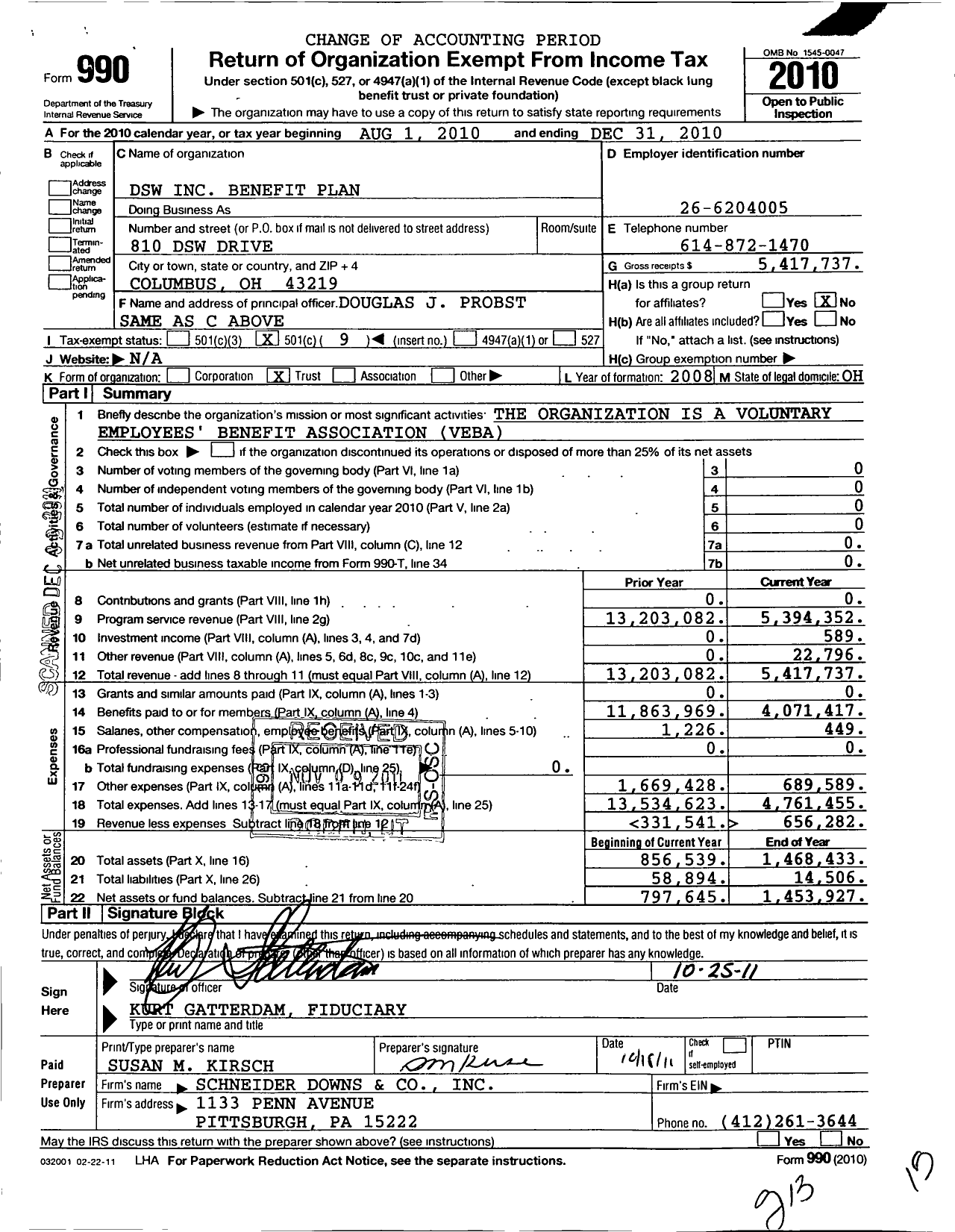 Image of first page of 2010 Form 990O for DSW Benefit Plan