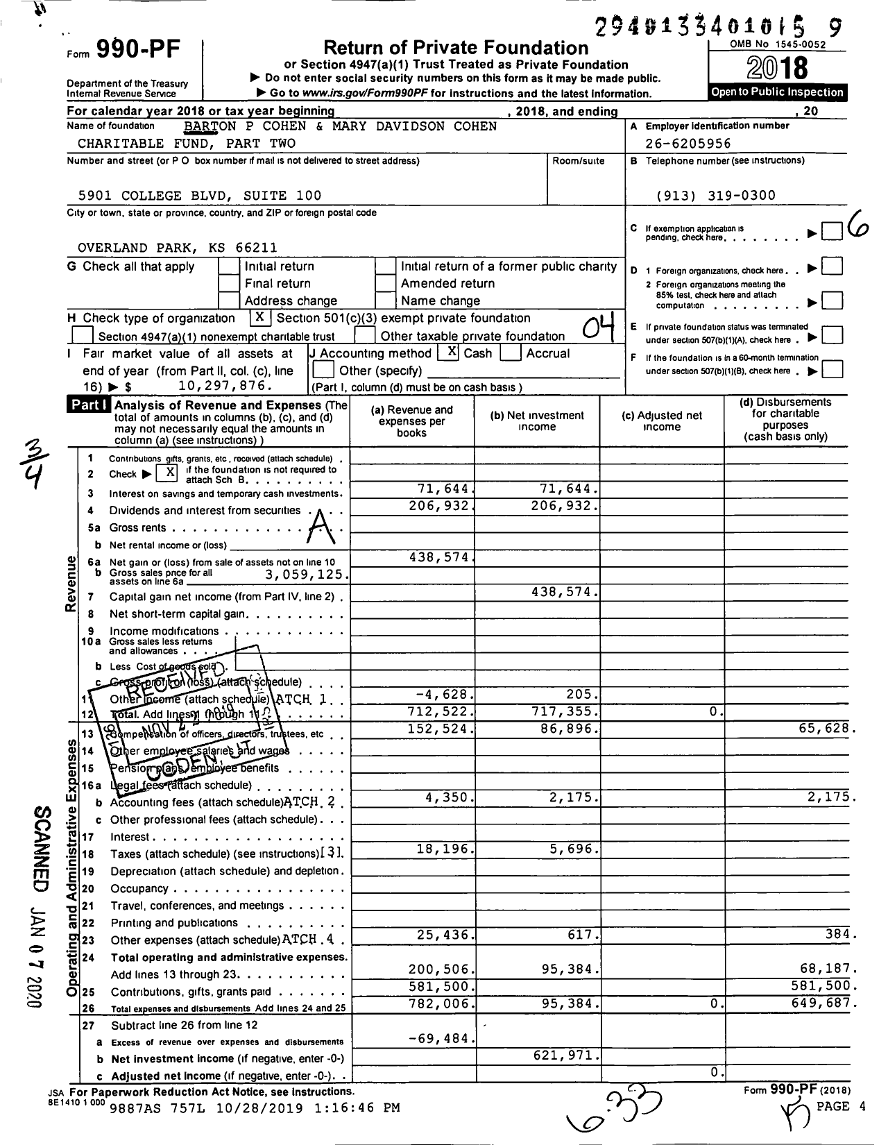 Image of first page of 2018 Form 990PF for Barton P Cohen and Mary Davidson Cohen Charitable Fund Part Two