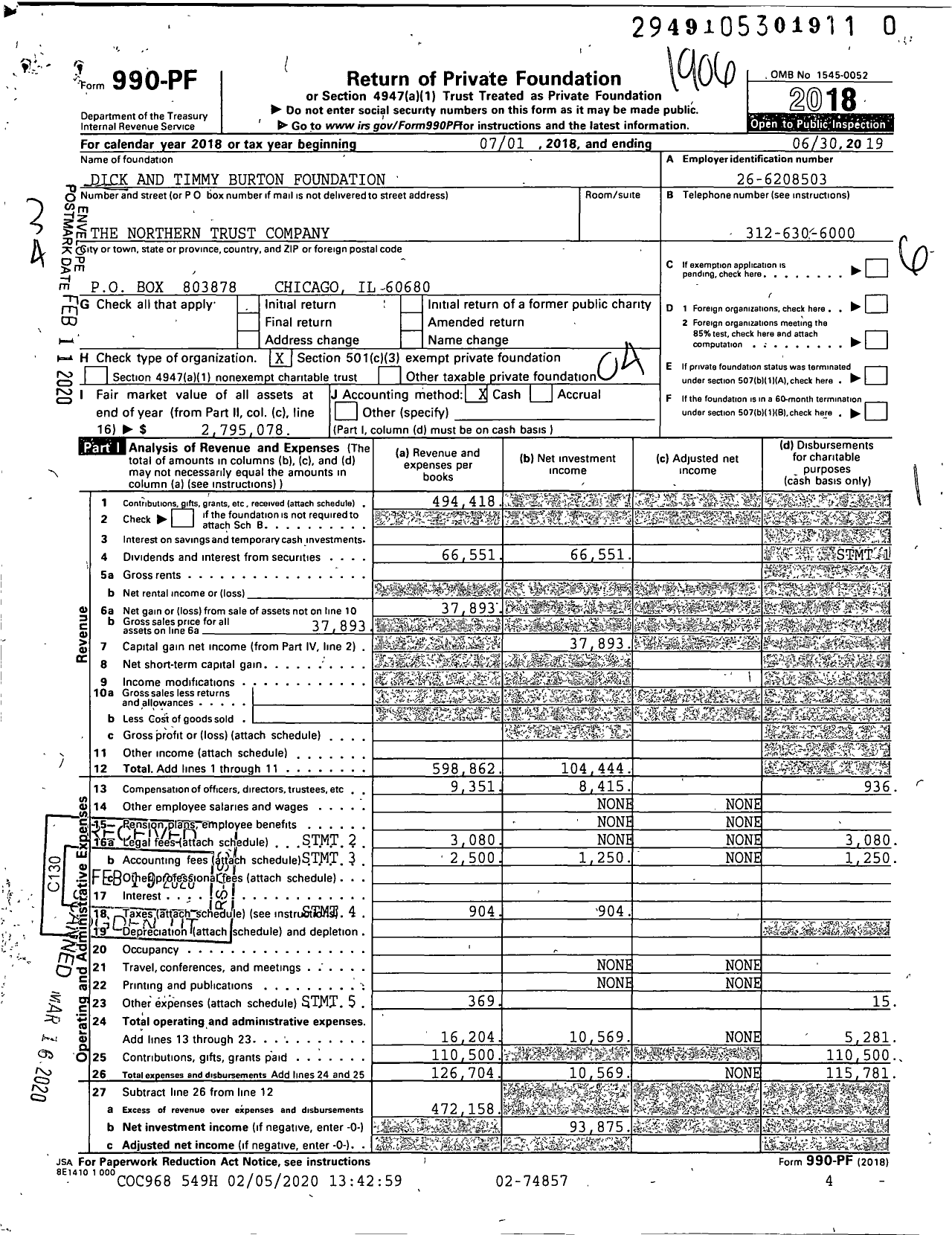 Image of first page of 2018 Form 990PR for Dick and Timmy Burton Foundation