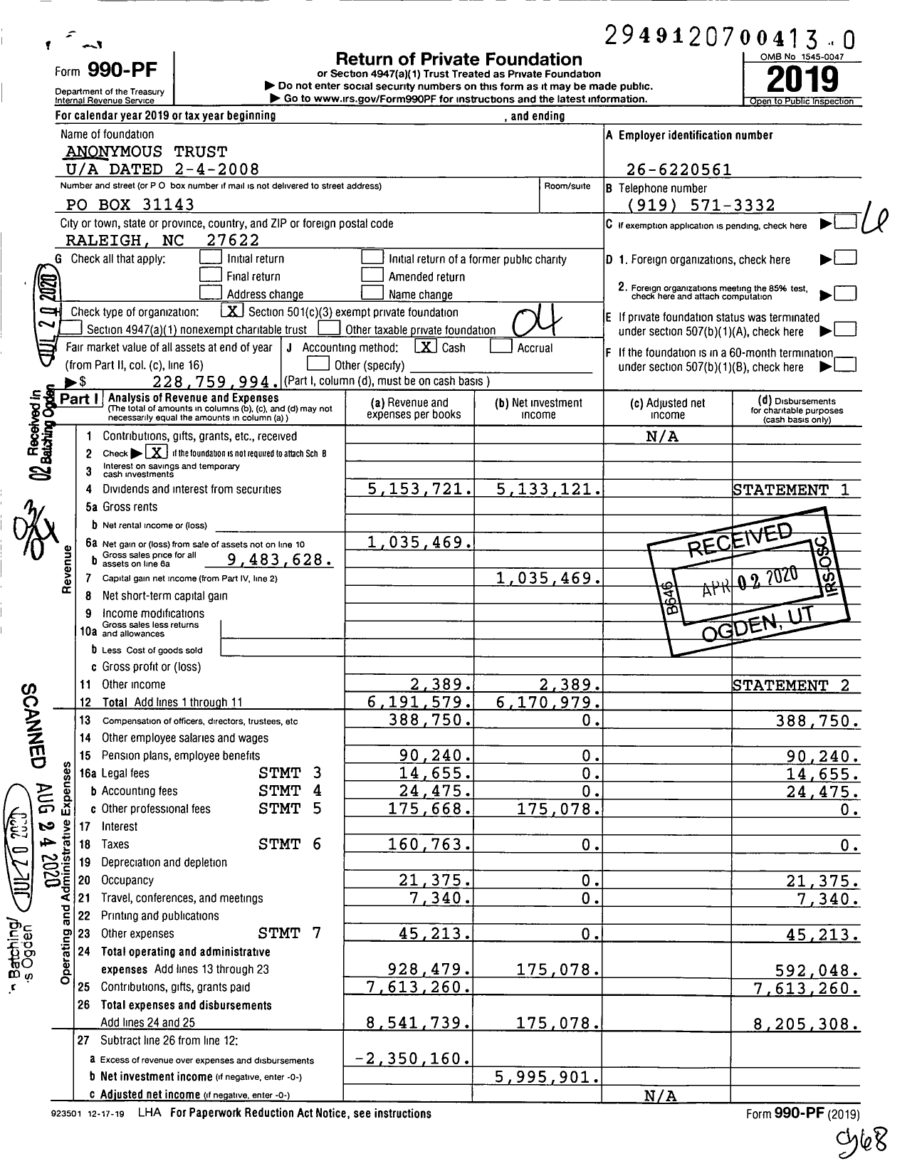 Image of first page of 2019 Form 990PR for Anonymous Trust U / A Dated 2-4-2008