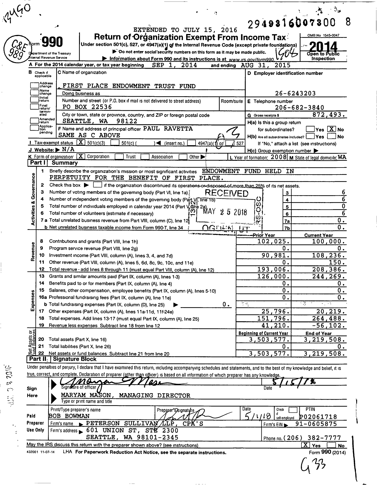 Image of first page of 2014 Form 990 for First Place Endowment Trust Fund