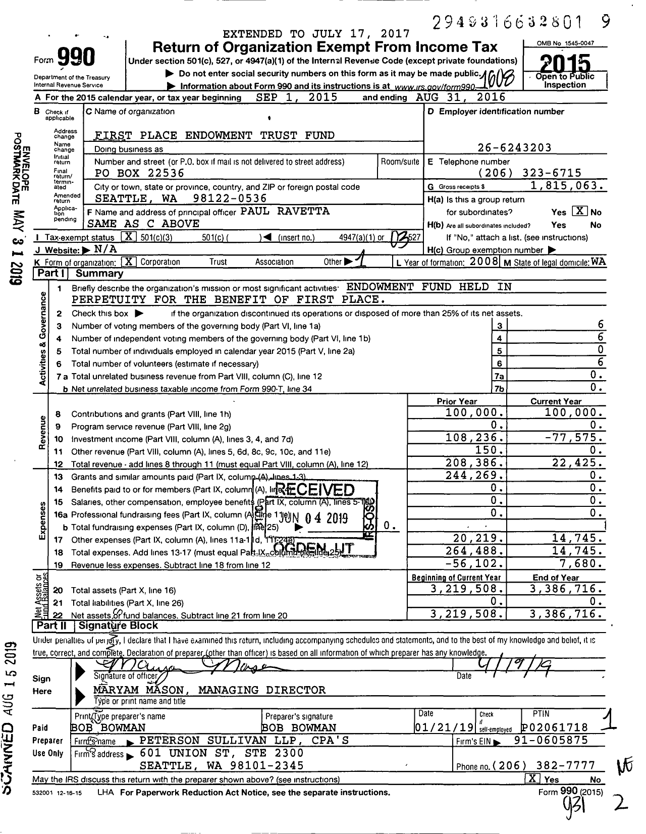 Image of first page of 2015 Form 990 for First Place Endowment Trust Fund