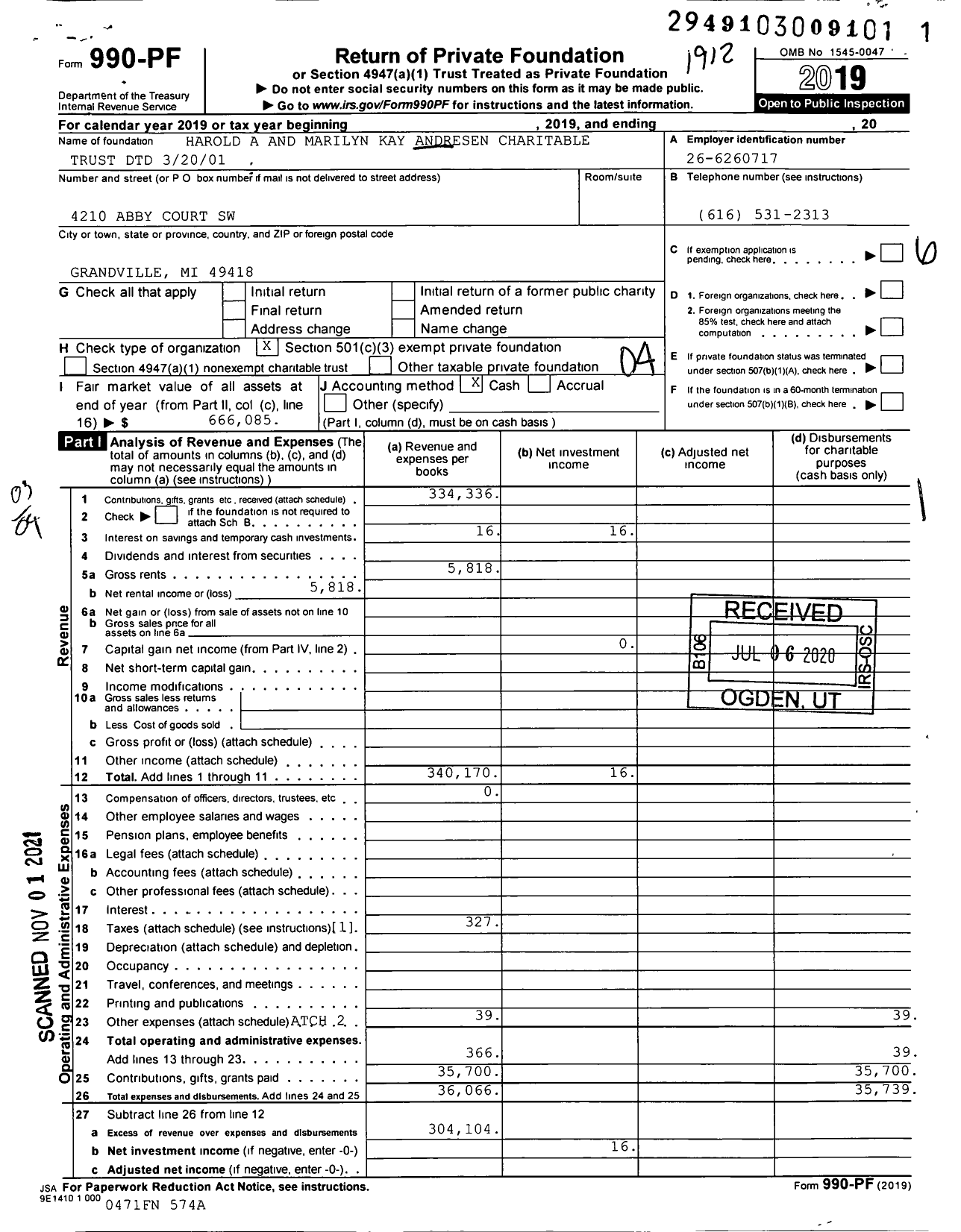 Image of first page of 2019 Form 990PF for Harold A and Marilyn Kay Andresen Charitable Trust DTD 3 / 20 / 01