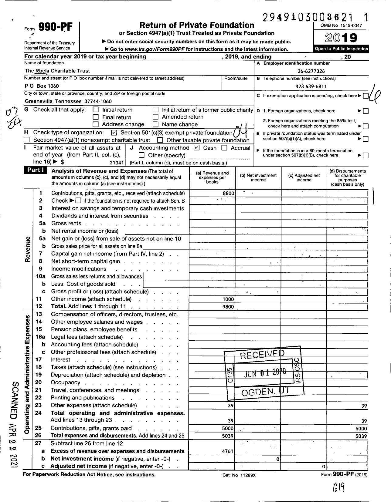 Image of first page of 2019 Form 990PF for The Rbela Charitable Trust