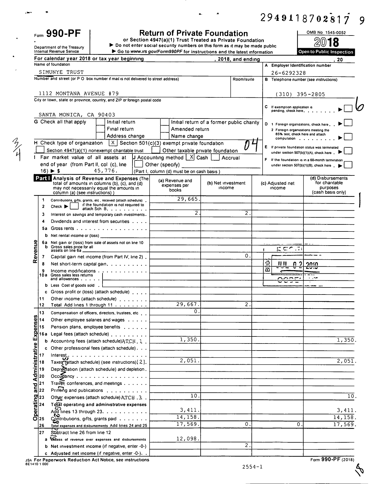 Image of first page of 2018 Form 990PF for Simunye Trust