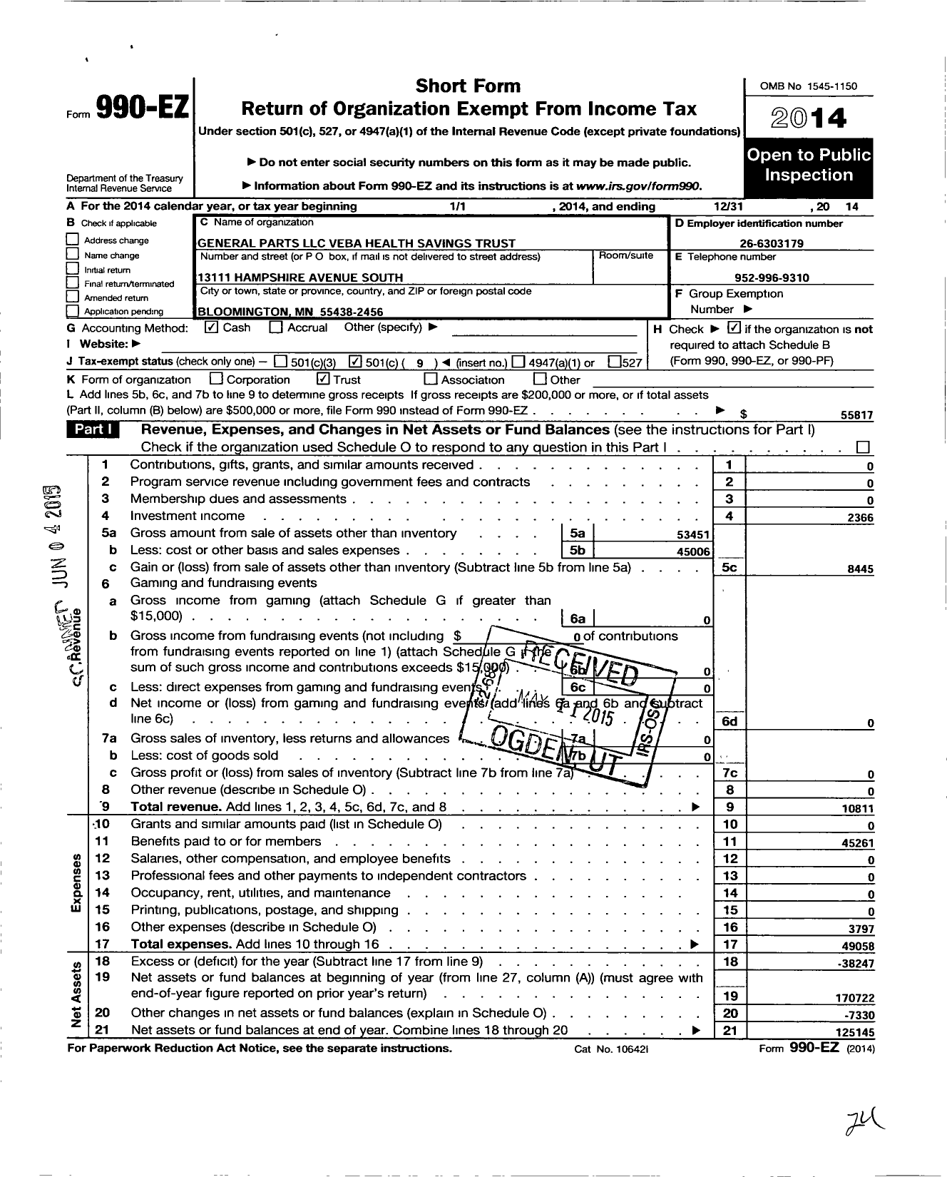 Image of first page of 2014 Form 990EO for General Parts LLC Veba Health Savings Trust
