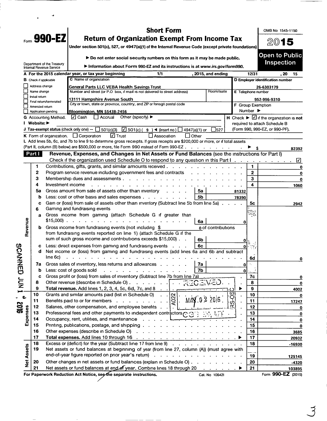 Image of first page of 2015 Form 990EO for General Parts LLC Veba Health Savings Trust