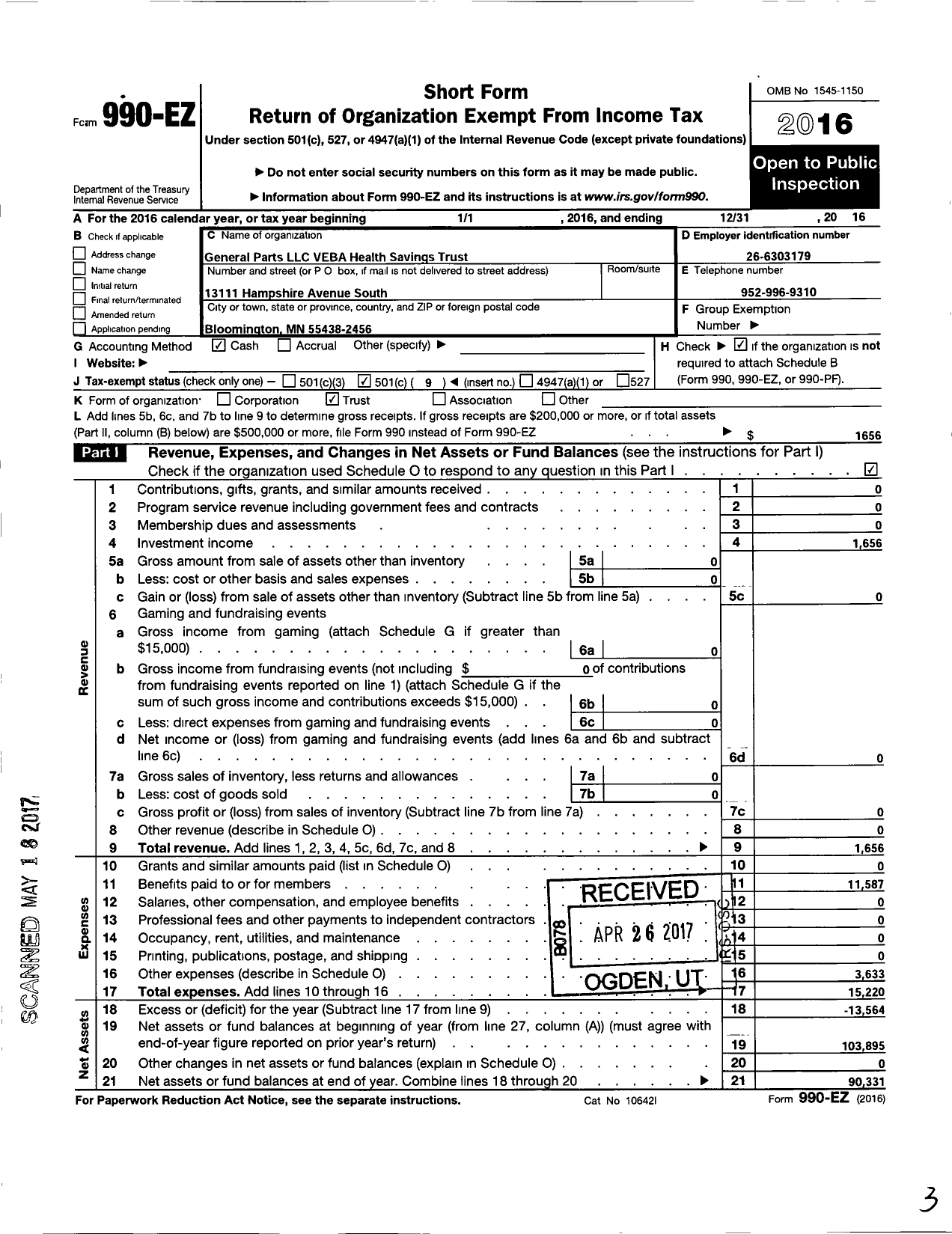 Image of first page of 2016 Form 990EO for General Parts LLC Veba Health Savings Trust
