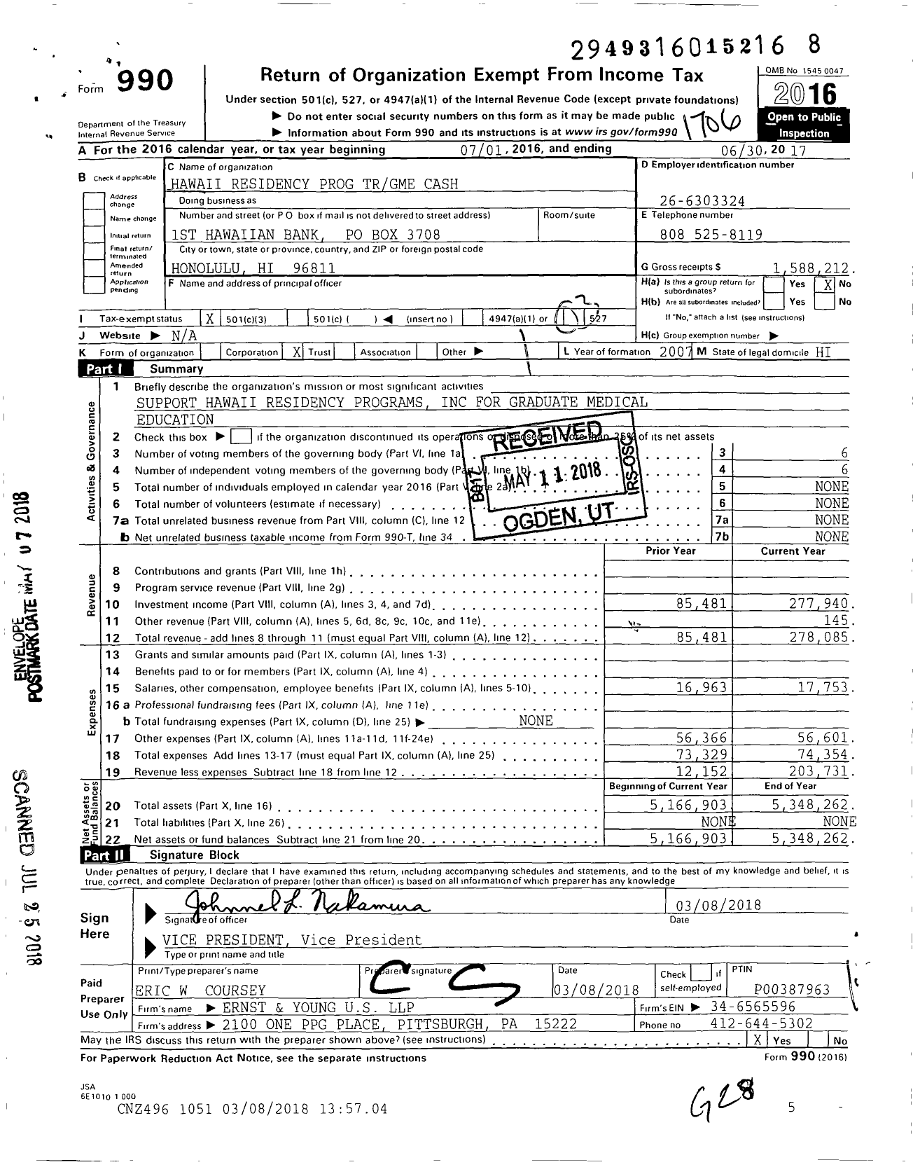 Image of first page of 2016 Form 990 for Hawaii Residency Prog TR Gme Cash