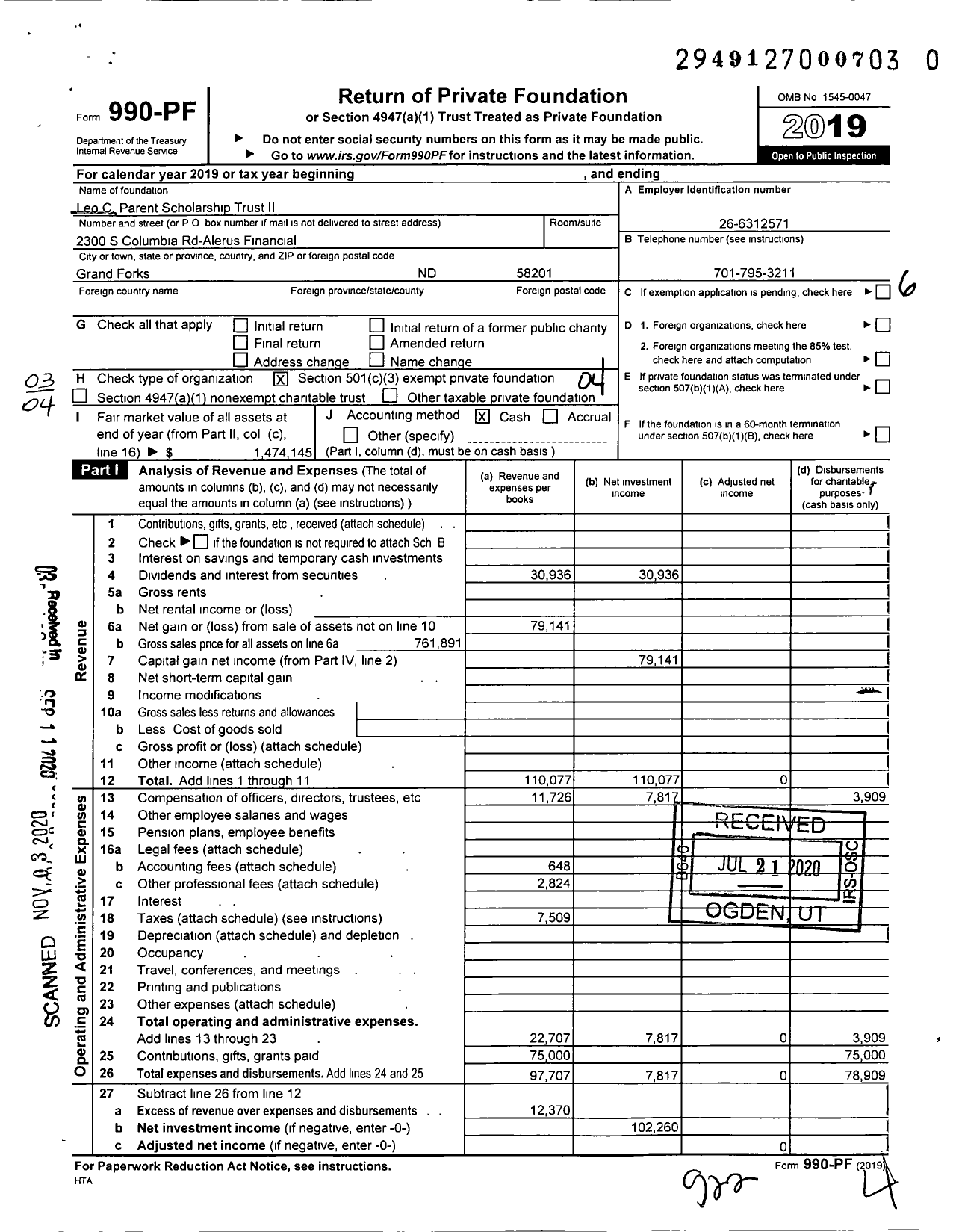 Image of first page of 2019 Form 990PF for Leo C Parent Charitable Scholarship Trust Ii