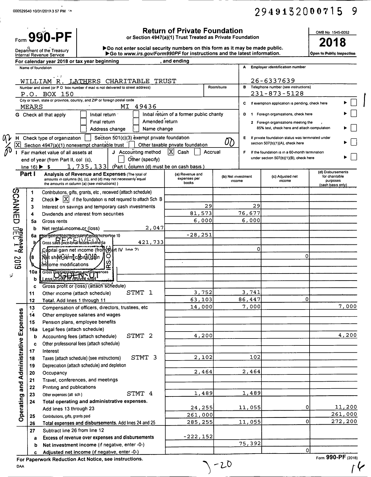 Image of first page of 2018 Form 990PF for William R Lathers Charitable Trust