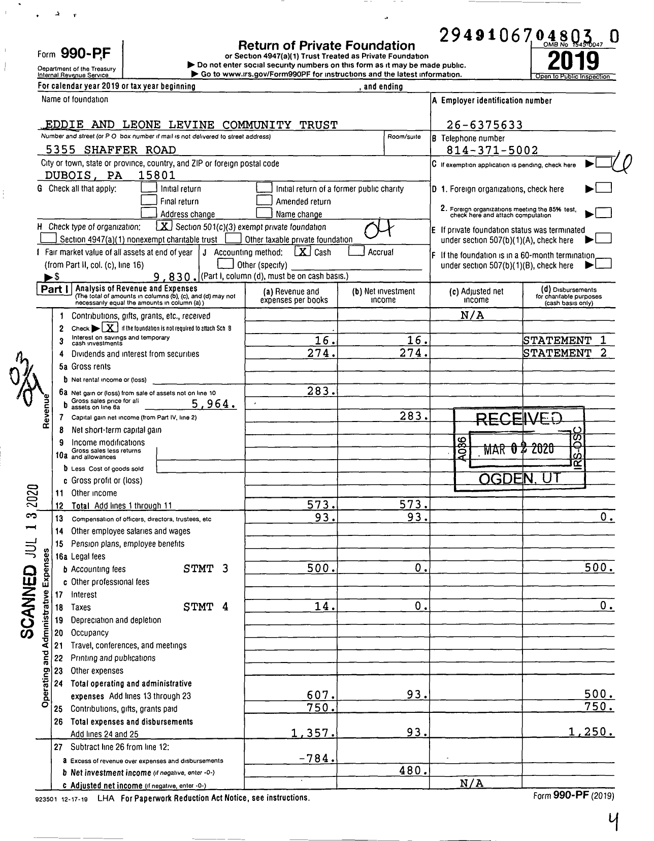 Image of first page of 2019 Form 990PR for Eddie and Leone Levine Community Trust