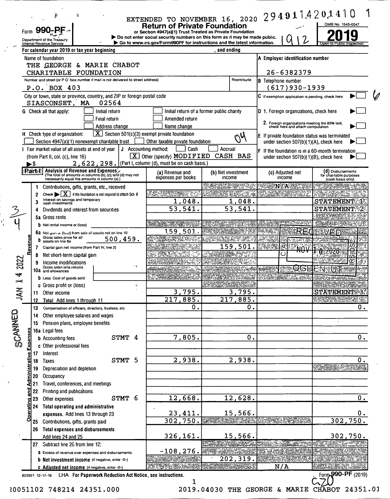 Image of first page of 2019 Form 990PF for The George and Marie Chabot Charitable Foundation