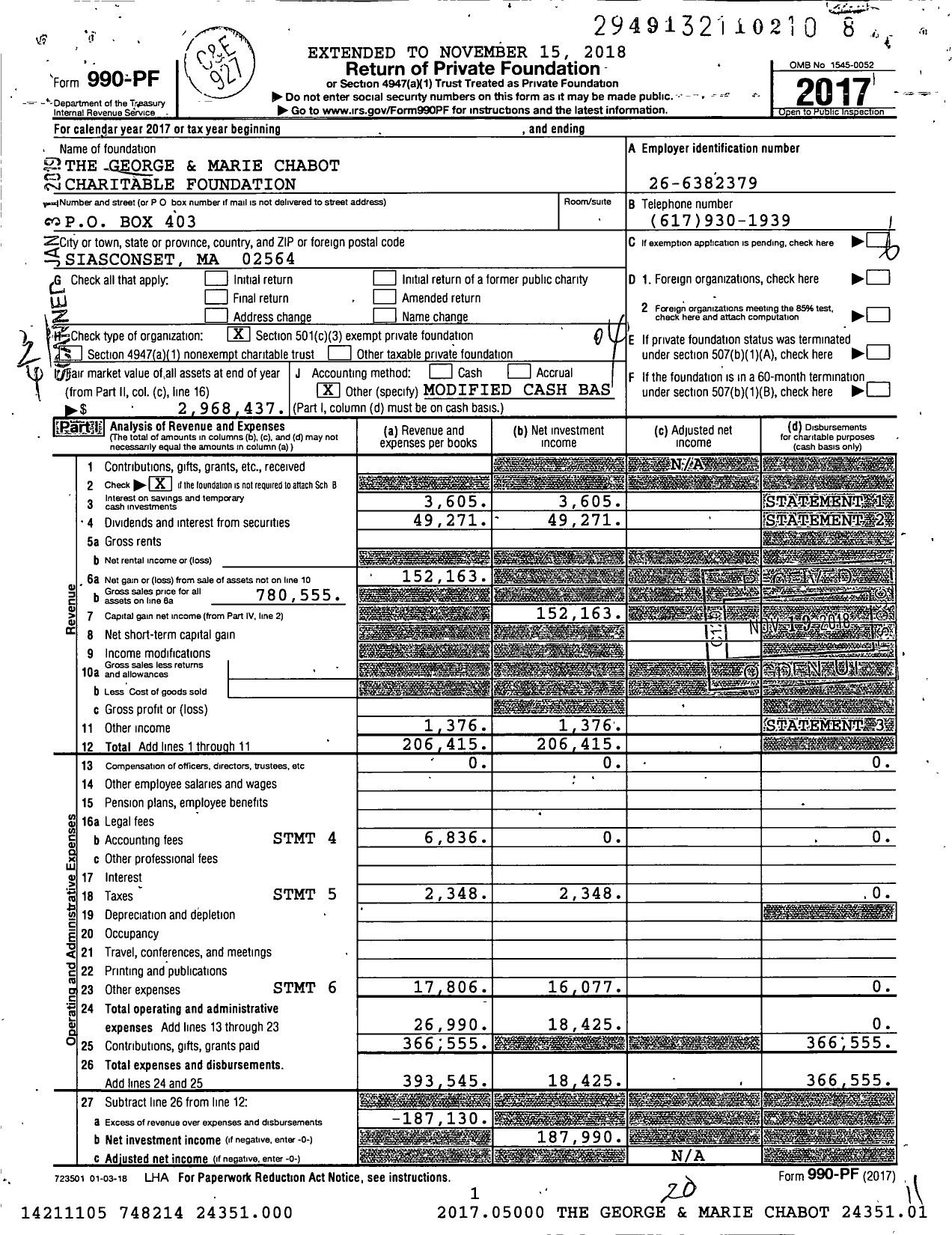 Image of first page of 2017 Form 990PF for The George and Marie Chabot Charitable Foundation