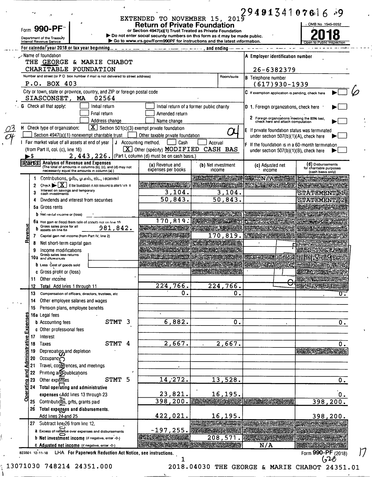 Image of first page of 2018 Form 990PF for The George and Marie Chabot Charitable Foundation