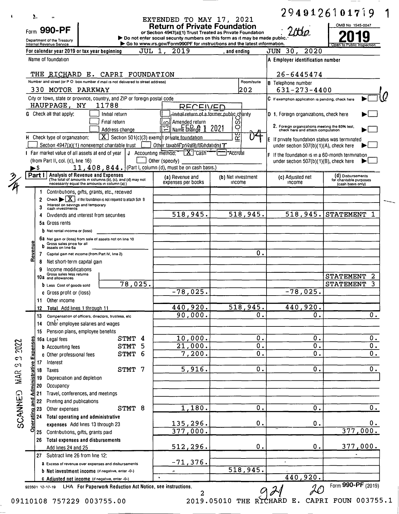 Image of first page of 2019 Form 990PF for The Richard E Capri Foundation